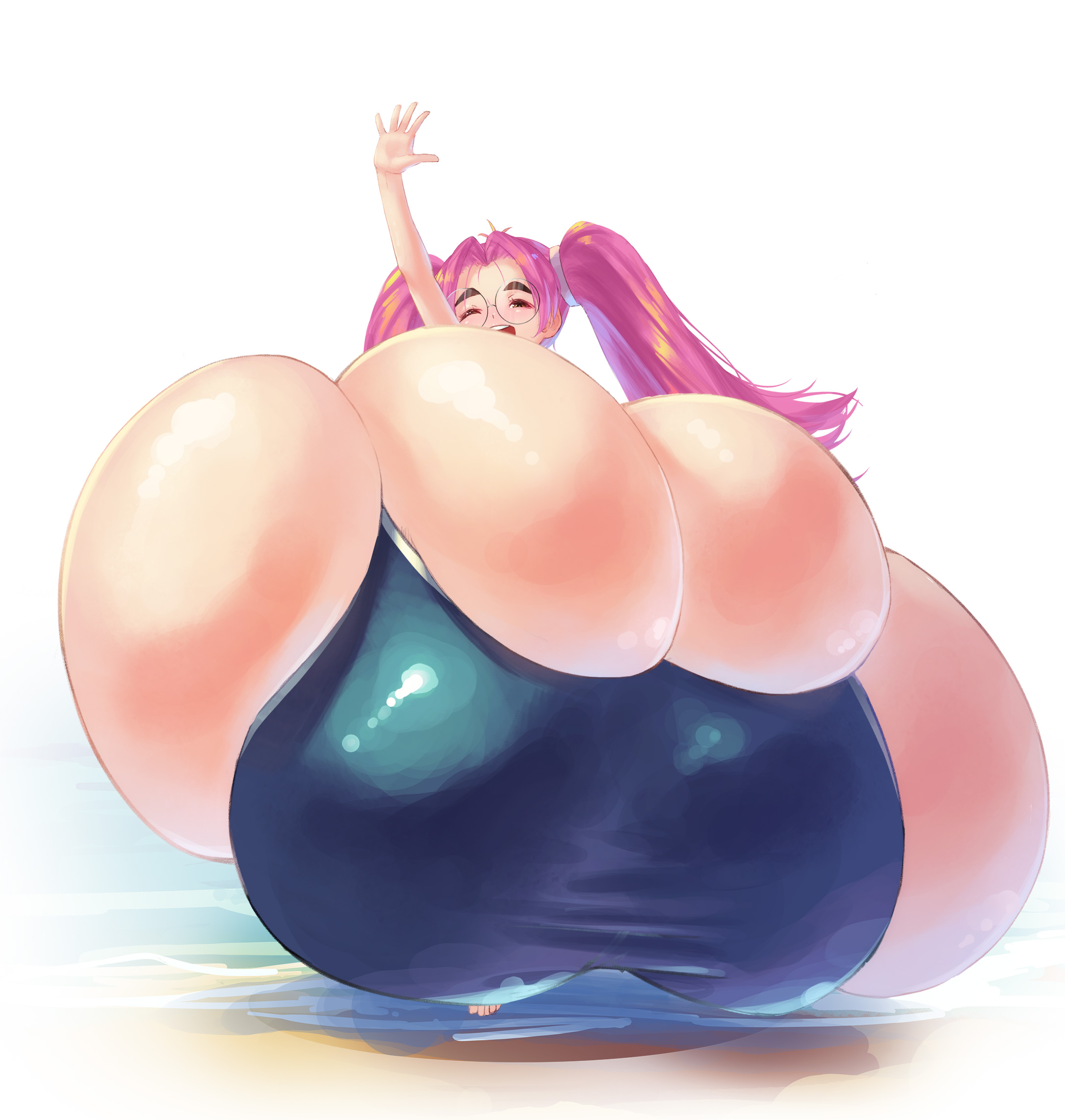 1girls, beach, breasts, breasts bigger than body, breasts bigger than head, breasts bigger than torso, eiken, enormous breasts, female, gigantic breasts, hishaku oreta, huge breasts, hyper, hyper breasts, komoe harumachi, long hair, massive breasts, pink hair, swimsuit, tagme, water, waving