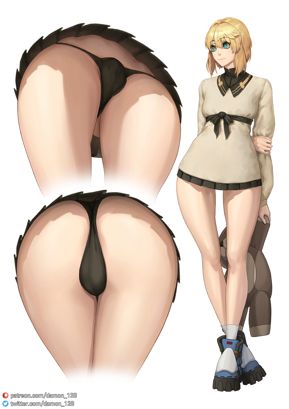 1boy, 2022, ass, ass focus, backsack, balls, ballsack, black panties, blonde hair, blue eyes, breasts, bridget, close-up, damon (artist), femboy, guilty gear, guilty gear strive, holding object, light skin, light-skinned femboy, light-skinned male, male, male only, outfit, panties, patreon, patreon username, penis, penis bulge, skirt, small penis, solo, solo male, standing, teddy bear, thick thighs, thighs, toy, twitter username