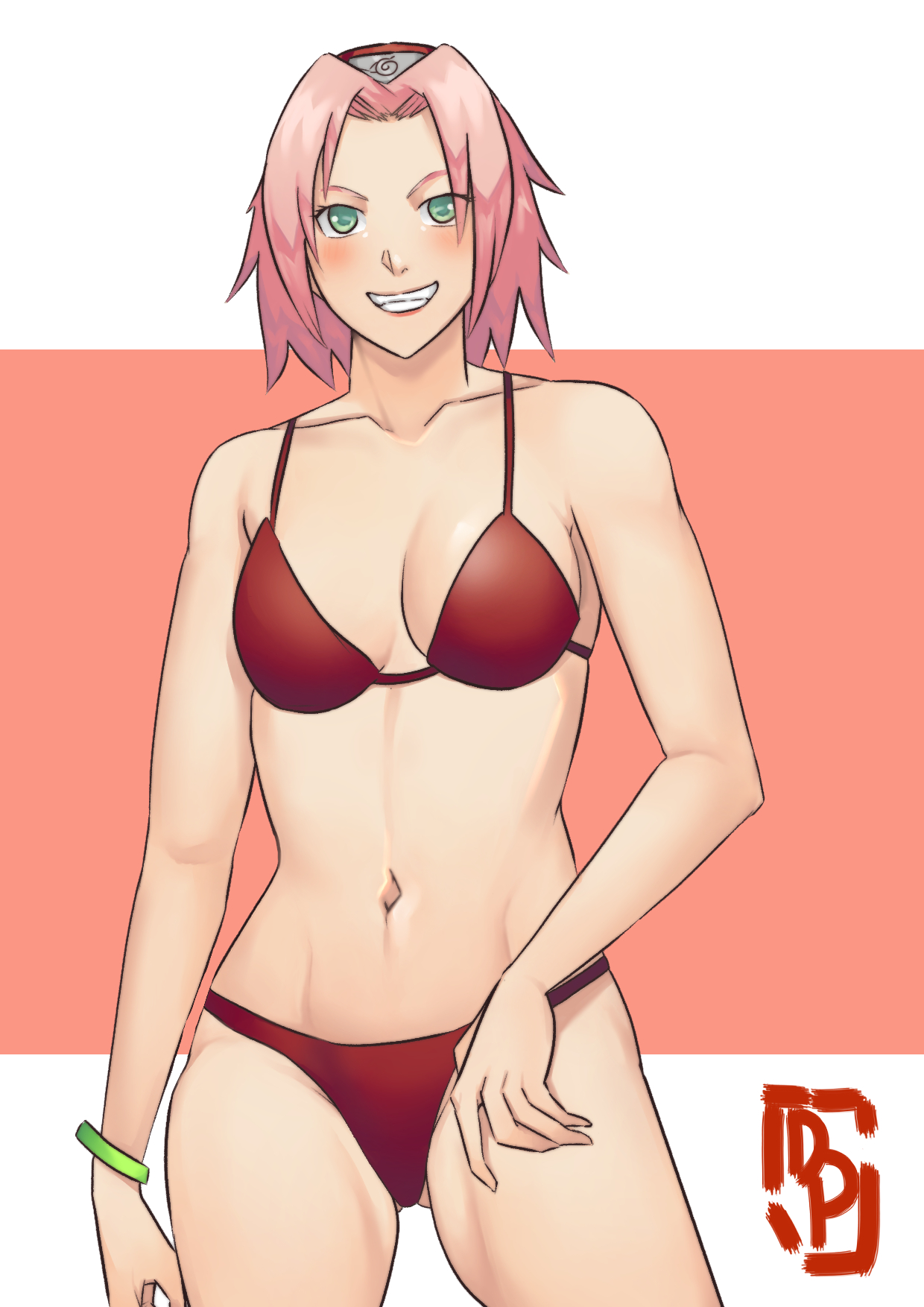 1girls, bare legs, bare shoulders, bare thighs, bikini, blush, bracelet, breasts, cleavage, collarbone, female, female only, green eyes, grin, looking at viewer, midriff, naruto, naruto (series), naruto shippuden, pink hair, sakura haruno, short hair, short pink hair, shoulder length hair, smile, solo, solo female, swimsuit