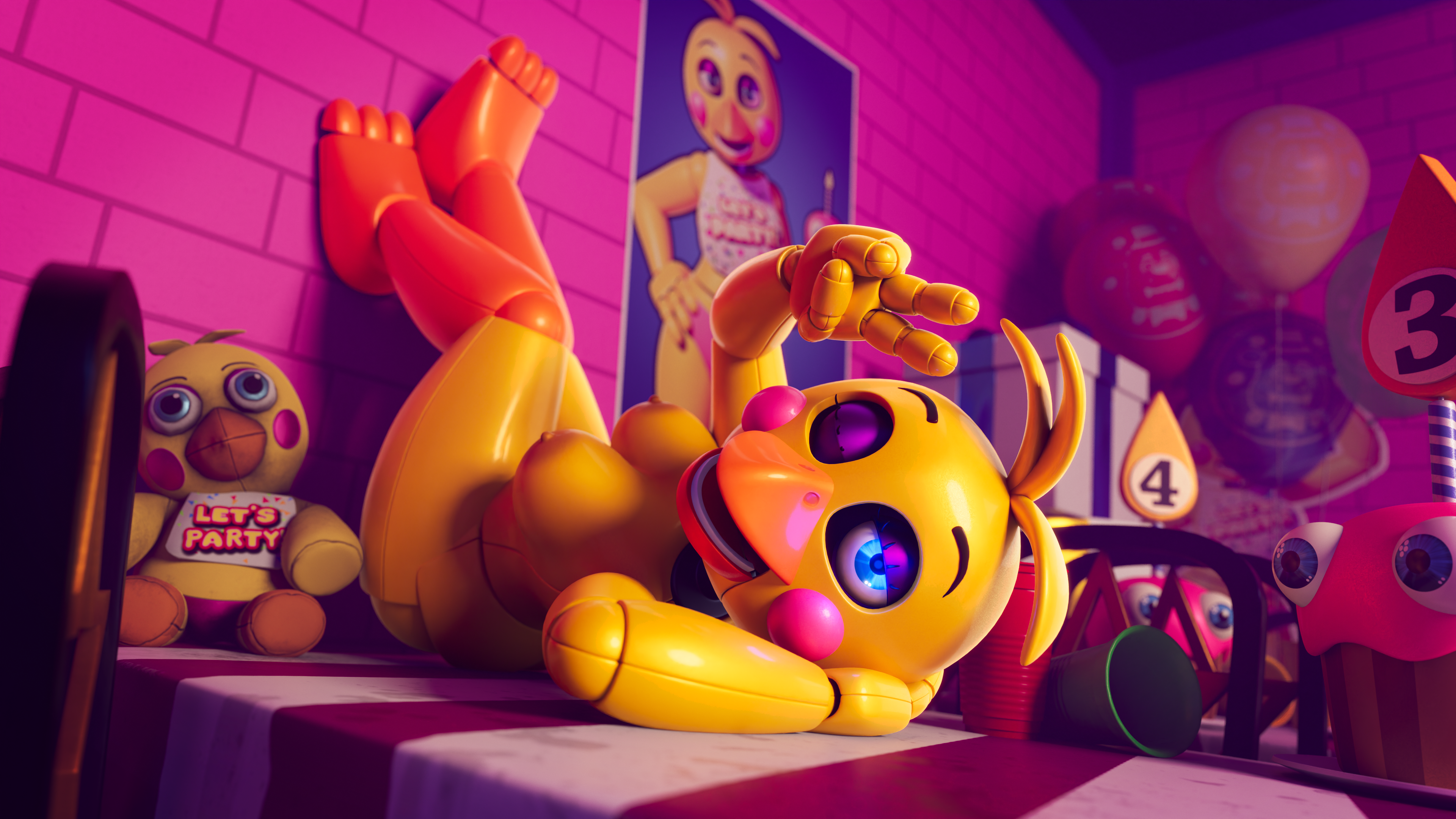 3d, absurd res, anthro, ashleyorange, avian, bird, blue eyes, chicken, eyeshadow, feathers, female, five nights at freddy's, five nights at freddy's 2, galliform, gallus (genus), hi res, humanoid, lying, machine, makeup, nude, on back, on model, orange feet, orange legs, phasianid, pinup, pose, robot, robot humanoid, scottgames, solo, toy chica (ashleyorange), toy chica (fnaf), video games, yellow body, yellow feathers