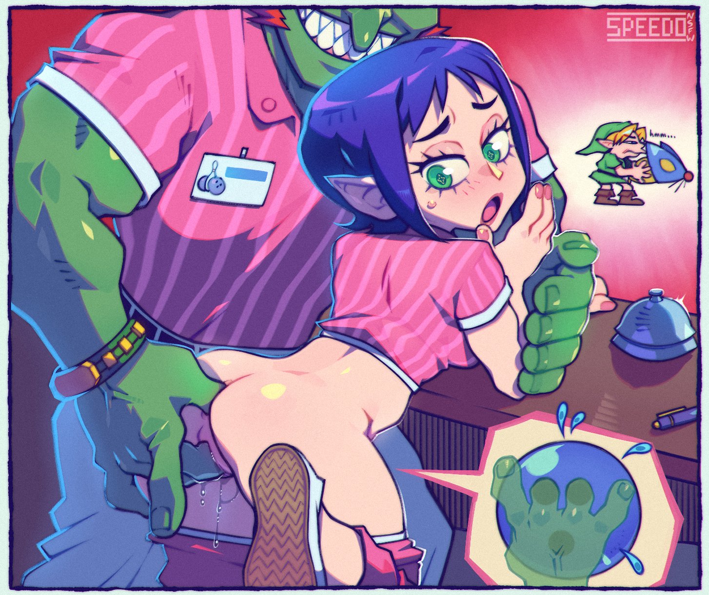 1girls, 2boys, artist logo, ass, bent over table, big ass, blue hair, blush, bombchu lady, female, fingering, ganondorf, green eyes, green skin, hi res, link, majora's mask, male, pointy ears, pussy, pussy juice, speedosausage, sweat, the legend of zelda, watermark