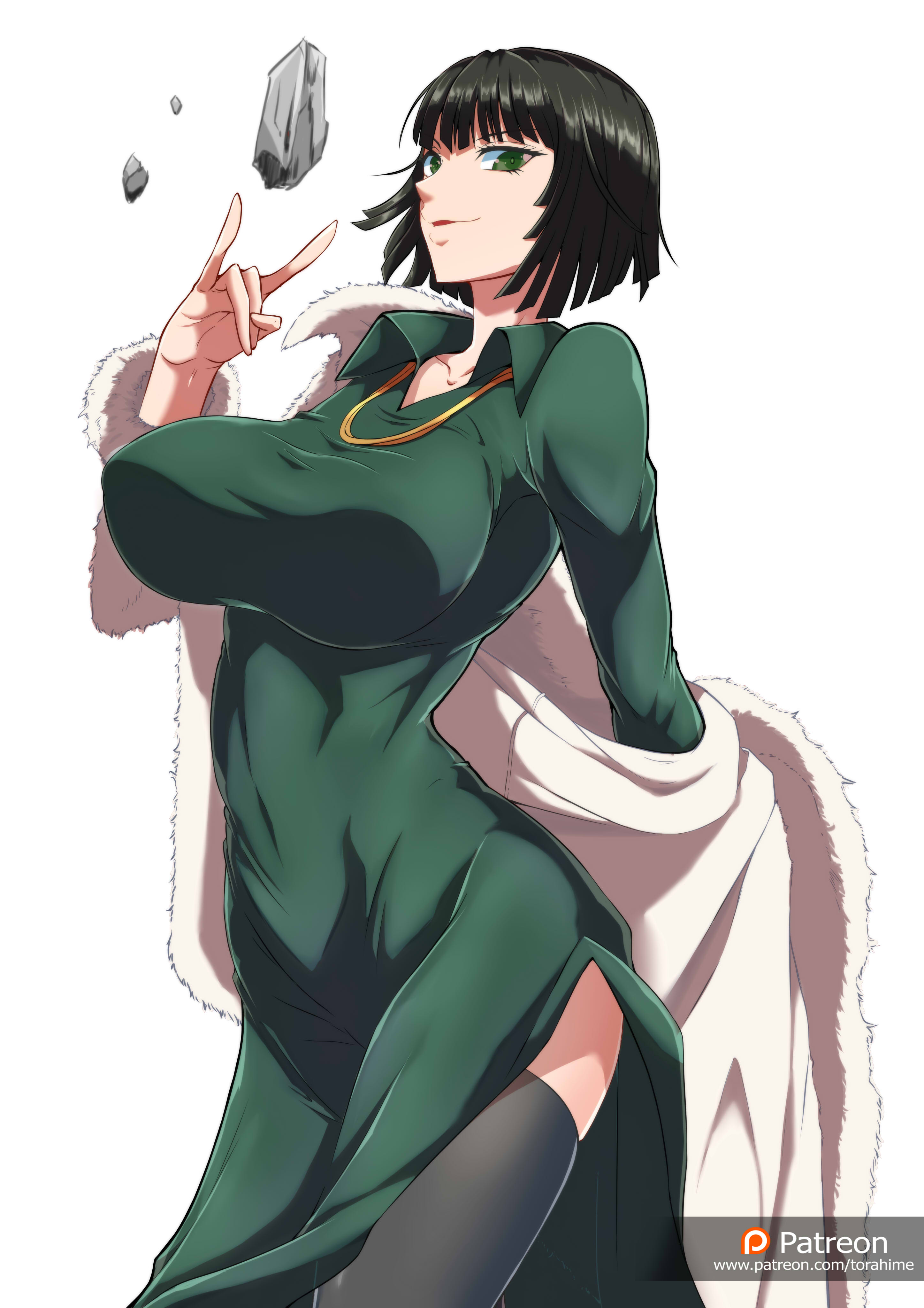 1girls, 2022, 2d, 2d (artwork), artist name, big breasts, black hair, breasts, cleavage, clothed, clothed female, clothing, coat, collarbone, covered nipples, curvaceous, curvy, curvy body, esper, female, female only, floating object, fubuki (one-punch man), green dress, green eyes, heroine, hips, human, human only, legs, legs together, light skin, light-skinned female, necklace, one-punch man, patreon, powers, questionable, sfw, short hair, solo, solo female, telekinesis, torahime