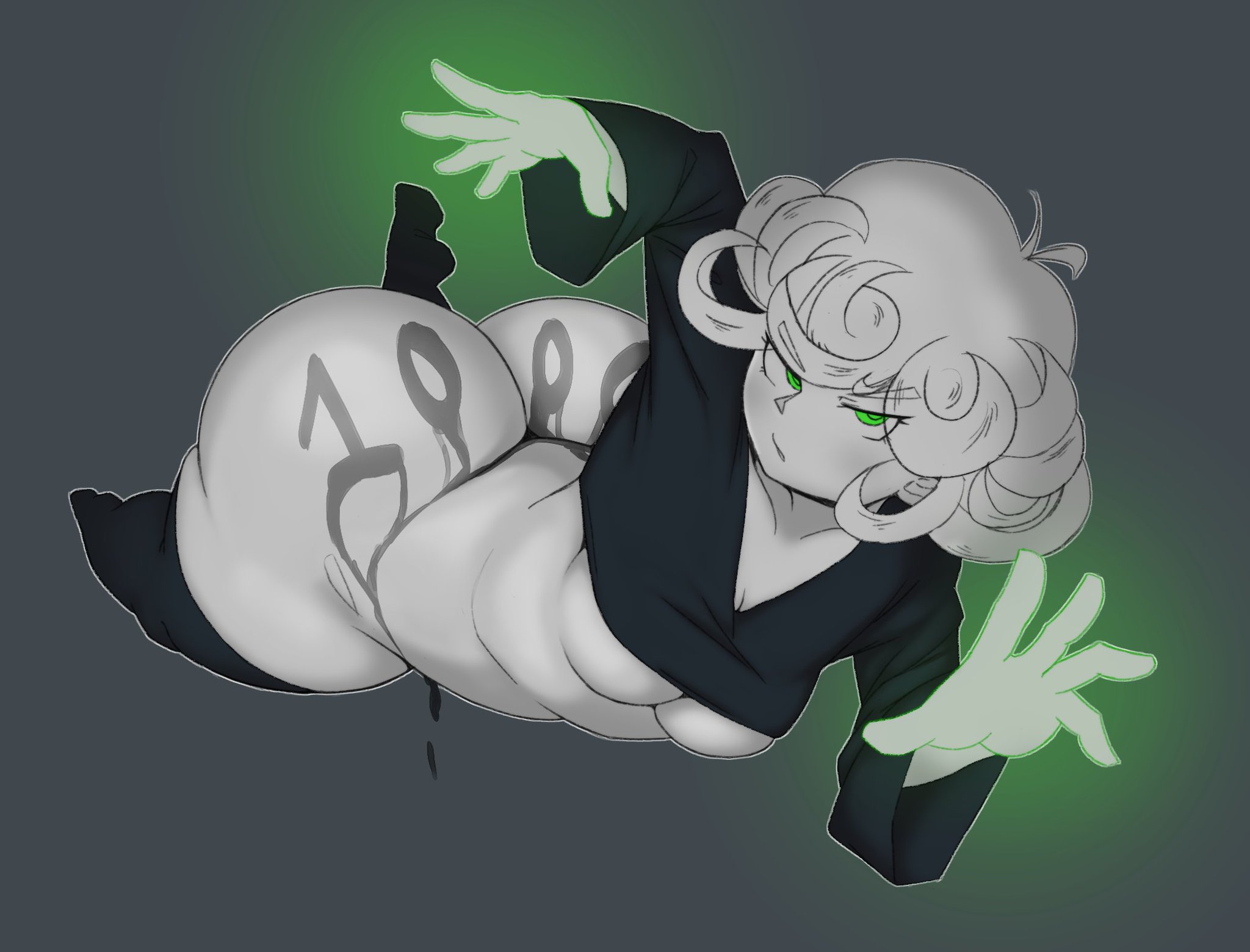 1girls, ass, bodypaint, breasts, curly hair, female, floating, huge ass, monochrome, one-punch man, pancaketomo, small breasts, solo, tatsumaki