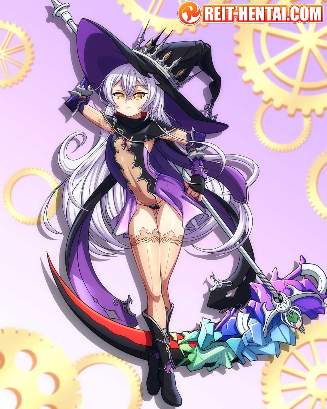 clockwork female flat_chest hilda_(stella_glow) looking_at_viewer reit scythe stella_glow tagme watermark witch_hat wtich