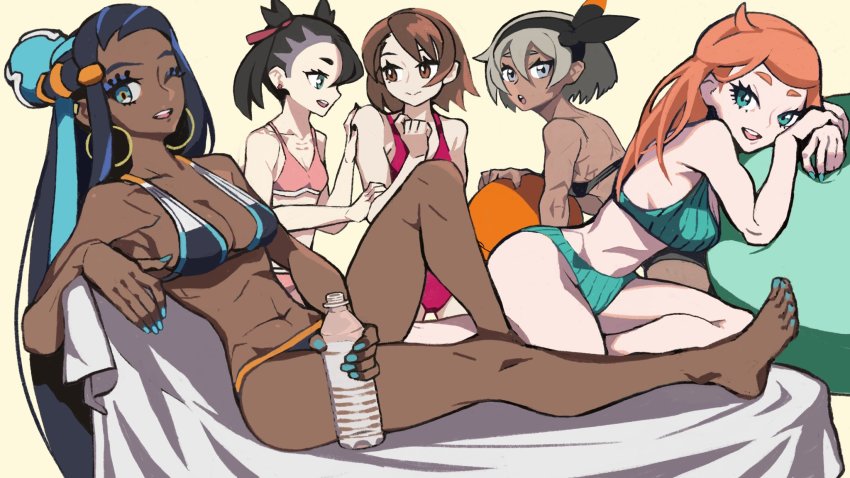 5girls aqua_nails bea_(pokemon) bikini black_bikini black_hair black_nails blue_eyes blue_highlights blue_nails breasts brown_hair cyan_nails earrings female female_only fingernails gloria_(pokemon) gratin green_bikini green_eyes grey_eyes gym_leader hair_bun highlights_(coloring) hoop_earrings large_breasts long_hair marnie_(pokemon) medium_breasts multicolored_bikini multiple_girls nail_polish navel nessa_(pokemon) nintendo one-piece_swimsuit orange_hair pink_bikini pokemon pokemon_ss ribbon_in_hair short_hair small_breasts sonia_(pokemon) swimsuit toenail_polish toenails twintails water_bottle white_hair