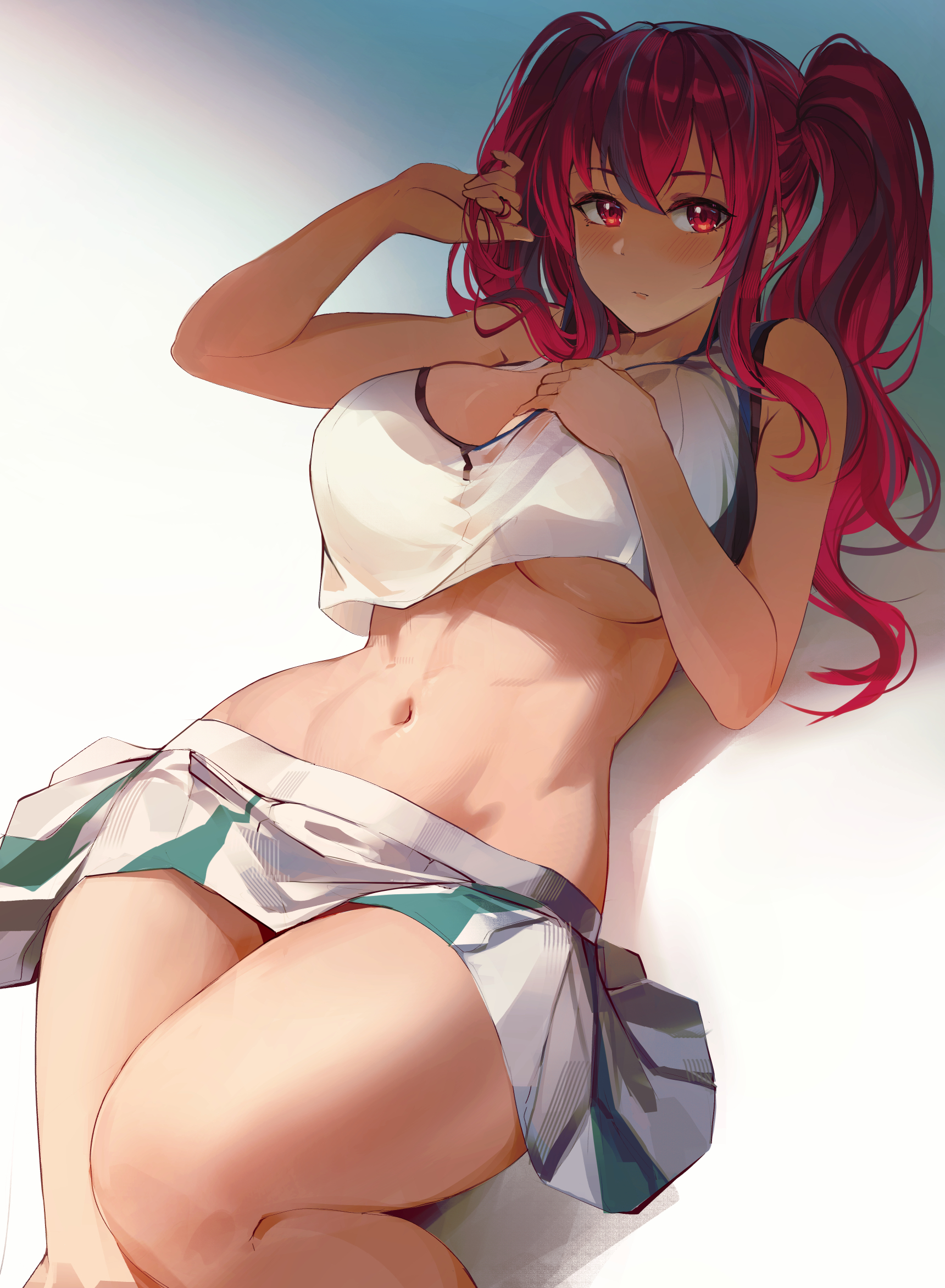 1girls, azur lane, breasts, bremerton (azur lane), bremerton (scorching-hot training) (azur lane), eagle union (azur lane), female, female only, hi res, huge breasts, light skin, light-skinned female, long hair, navel, re0n, red eyes, red hair, skirt, solo, thick thighs, twintails, two-tone hair, underboob