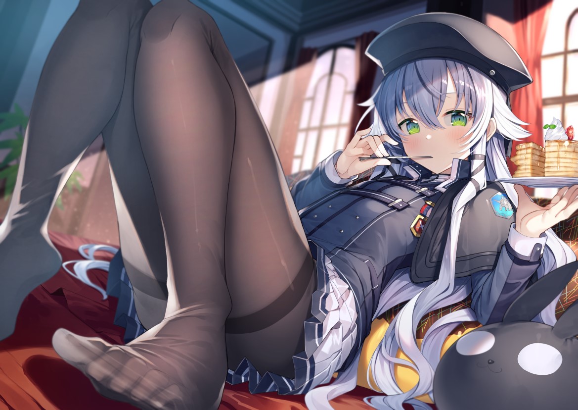 altina orion, bangs, black legwear, black pantyhose, blush, eating, eiyuu densetsu, feet, female, food, green eyes, gurasion (gurasion), knees up, laying down, legwear, long hair, looking at viewer, pancake, pantyhose, school uniform, schoolgirl, silver hair, skirt, thighs, toes, trails of cold steel, uniform, white hair, young