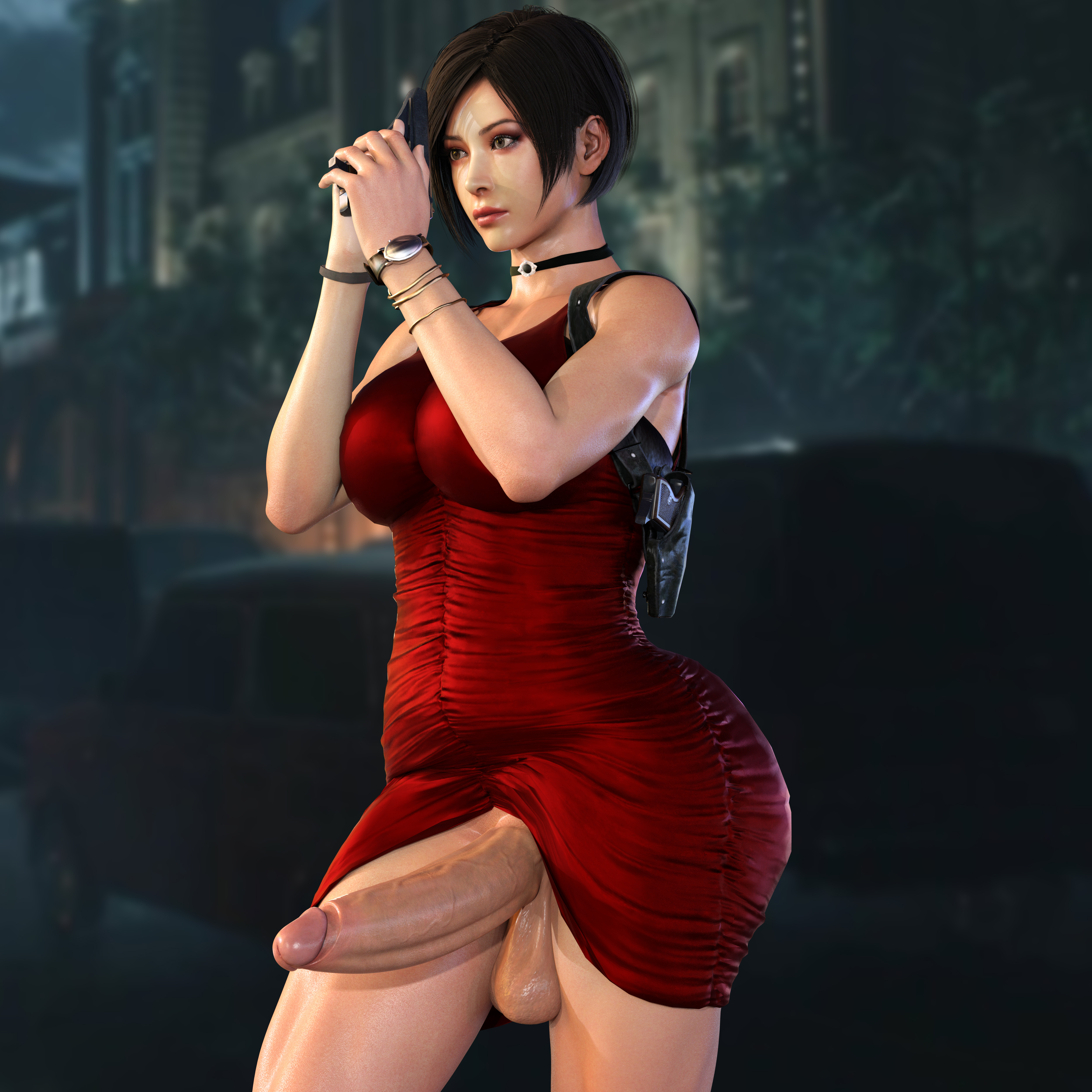 1futa, 3d, 3d (artwork), absurd res, ada wong, armpits, big breasts, big penis, breasts, capcom, casual, dress, dress lift, erection, firearm, futa only, futanari, gun, handgun, harness, human, intersex, light skin, light-skinned futa, muscular, muscular futa, nordfantasy, pale skin, partially clothed, penis, public, resident evil, resident evil 2, resident evil 2 remake, solo, solo focus, solo futa, thick thighs, weapon, wristwear