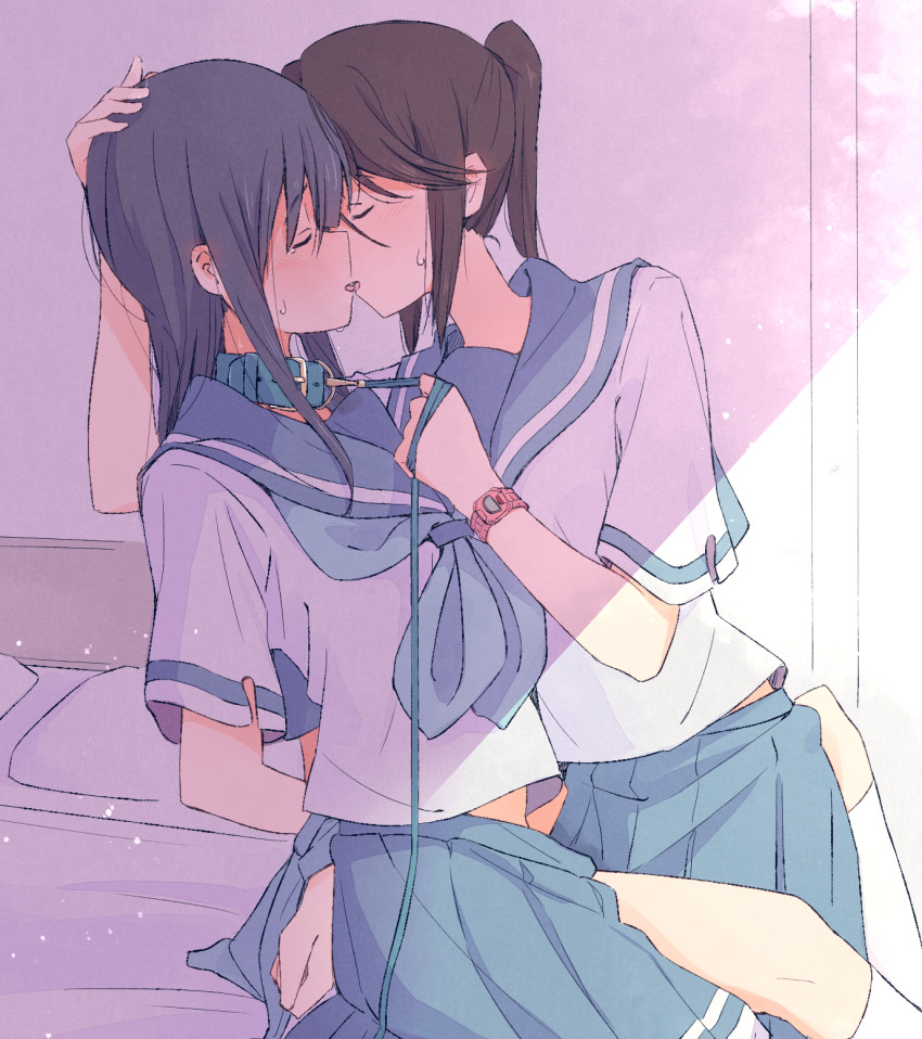 2girls arms_behind_back bed black_hair blue_hair closed_eyes clothing collar hand_on_head hibike!_euphonium holding_leash kasaki_nozomi kissing kitauji_high_school_uniform leash liz_to_aoi_tori long_hair multiple_girls ponytail sawara65 school_uniform sitting_on_bed skirt wristwatch yoroizuka_mizore yuri