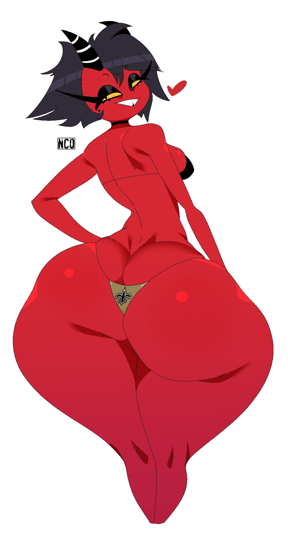 ass, big ass, big butt, bikini, black hair, breasts, demon, demon girl, demon horns, demon tail, female, helluva boss, huge ass, huge butt, imp, looking back, massive ass, massive butt, millie (helluva boss), shortstack, small breasts, tagme, white background, wide hips