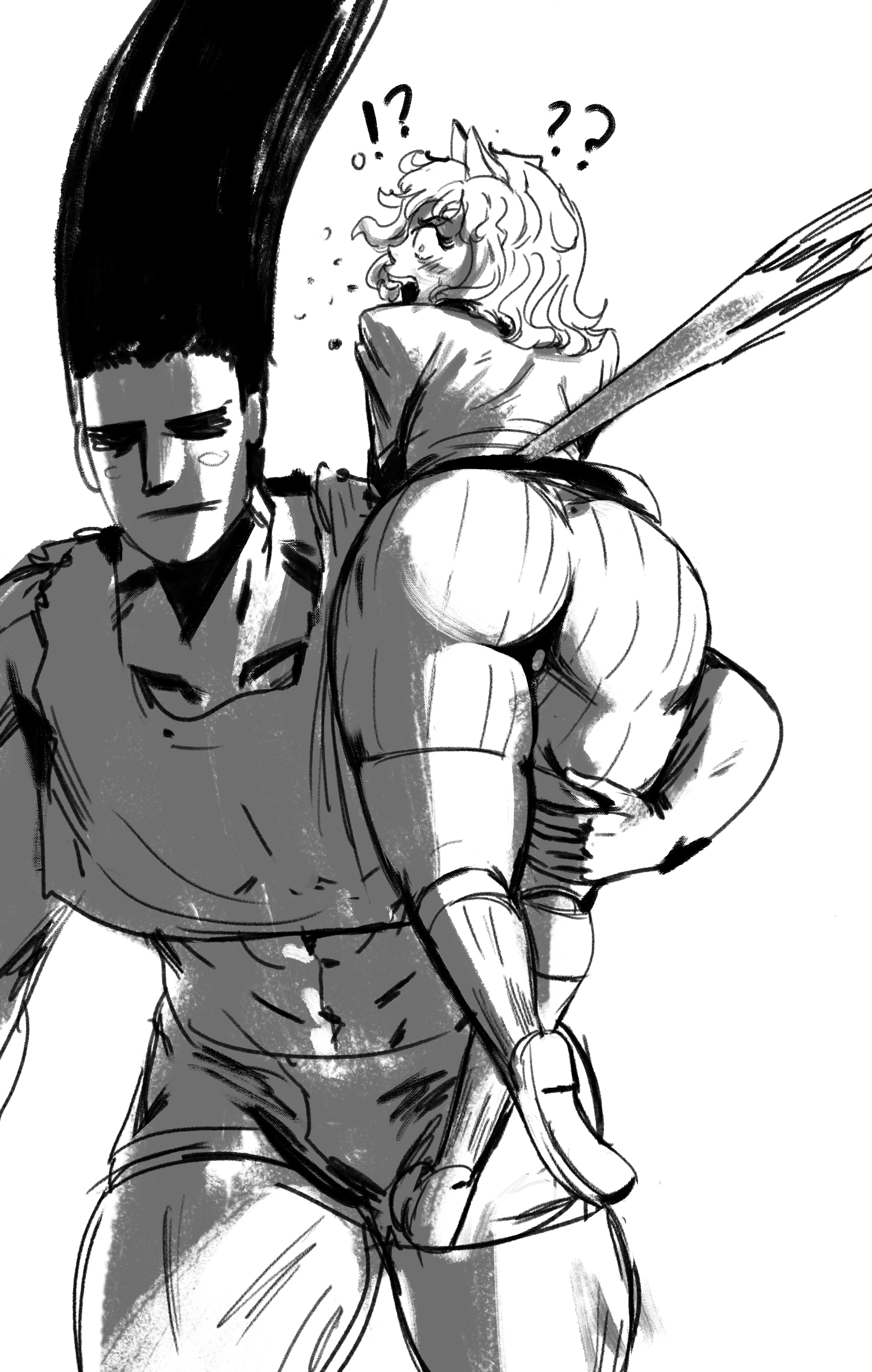 1boy, 1girls, black and white, cat girl, catgirl, female, gon freecss, hunter x hunter, male, monochrome, neferpitou, open mouth