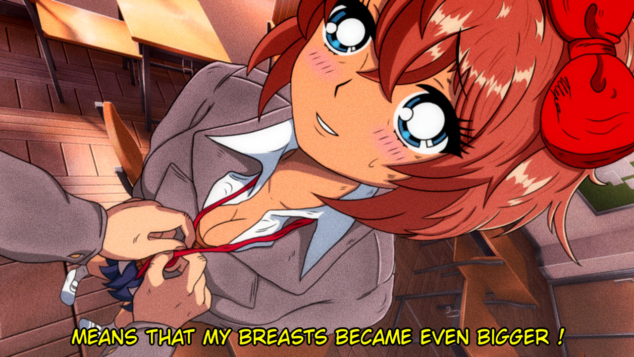 blue eyes, blush, blush lines, breasts, cleavage, doki doki literature club, english text, female, mc (doki doki literature club!), pov, pov eye contact, red ribbon, retro artstyle, ribbon, sayori (doki doki literature club), screencap redraw, suuslimegirl, text, yellow text