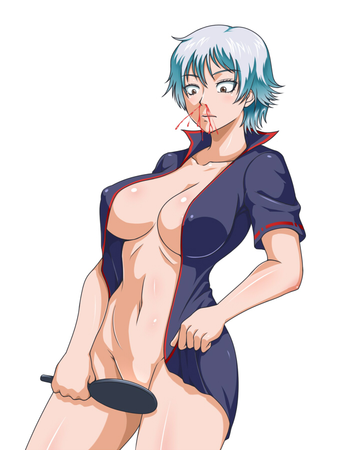 big_breasts blood bottomless canon_genderswap cleavage female female_only female_pervert fishneak genderswap_(mtf) ginko_sakata gintama gintoki_sakata light_blue_hair mirror nipple_bulge no_bra nosebleed open_shirt popped_collar rule_63 shaved_pussy short_hair silver_hair solo wide_eyed