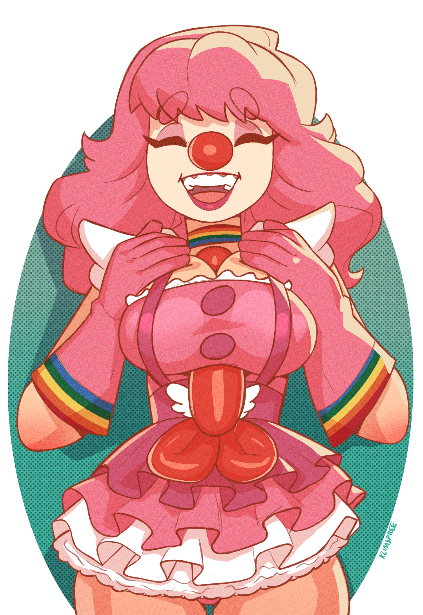 1girls, ace attorney, balloon, balloon animal, balloon penis, big breasts, boobjob, breasts, capcom, closed eyes, clown girl, clussy, female, female only, geiru toneido, gyakuten saiban, high resolution, klimspree, male, paizuri, penis, phallic imagery, phallic symbol, pink hair, sexually suggestive, smile, solo female, tagme, toy
