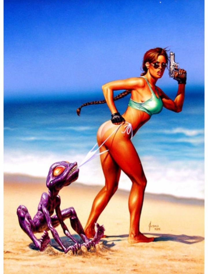 atog bikini coppertone derrieres_in_danger joe_jusko lara_croft lara_croft_(classic) looking_over_eyewear looking_over_glasses looking_over_sunglasses magic_the_gathering monster stripped sunglasses tinted_eyewear tomb_raider