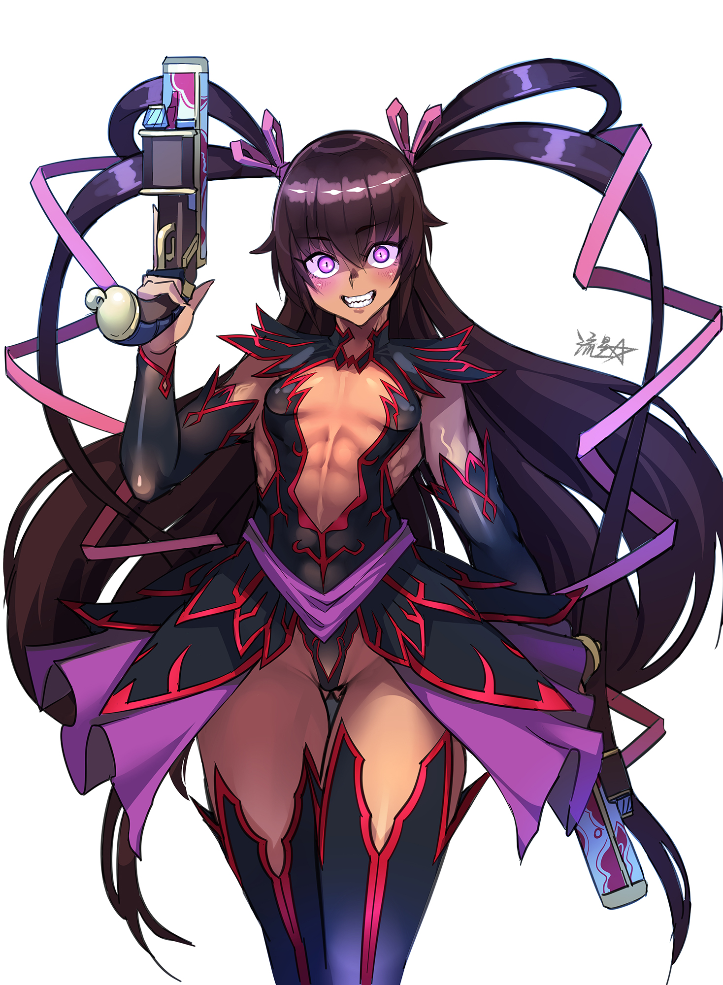 1girls, abs, clothing, evil smile, female, female only, flat chest, flat chested, guns, hair, long hair, looking at viewer, mizuki yukikaze, no bra, no panties, purple eyes, simple background, smile, solo, standing, taimanin (series), taimanin asagi, taimanin yukikaze, tan body, tan skin, teeth, thighs, tight clothing, tight fit, unknown artist, weapon, white background, younger female