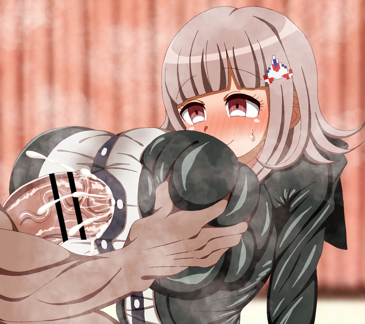 1boy, 1girls, 2022, bangs, big penis, blush, breast grab, breasts, busty, censor bar, censored, clothed female nude male, clothed sex, collared shirt, cum, cumming, danganronpa, dark skin, dark-skinned male, female, full-face blush, grey body, hair ornament, happy, happy sex, hoodie, huge breasts, huge cock, large breasts, large penis, light skin, light-skinned female, male, muscular, muscular male, nanami chiaki, outercourse, paizuri, paizuri under clothes, pencil3693, penis, pink eyes, shiny hair, short hair, smile, smiling, steam, sweat, sweating, titjob, unseen male face, veins, veiny penis