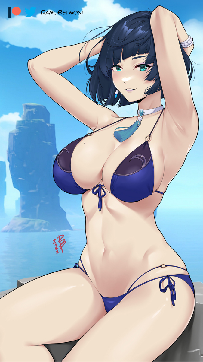 armpits bikini bra breasts damodar genshin_impact short_hair thick_thighs yelan_(genshin_impact)