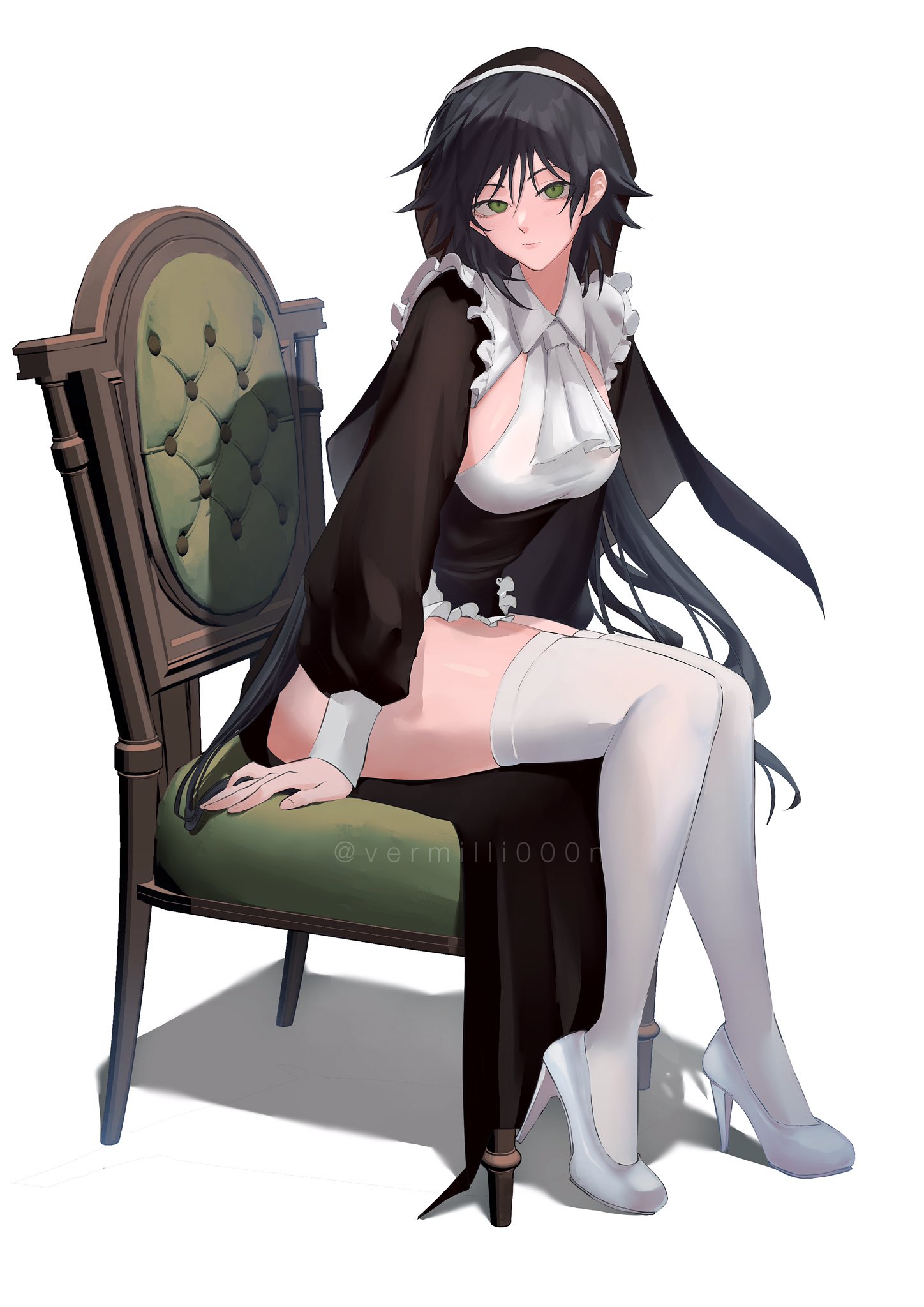 1girls, bangs, big breasts, black dress, black hair, breasts, closed mouth, clothed, clothing, curvy, dress, eyelashes, female, female focus, frills, full body, fushiguro megumi, genderswap, genderswap (mtf), green eyes, hair between eyes, high heels, jujutsu kaisen, juliet sleeves, large breasts, long hair, long sleeves, looking at viewer, maid, puffy sleeves, rule 63, shadow, simple background, sitting, solo, stockings, thick thighs, thighhighs, thighs, throne, vermilli000n, very long hair, white background, white footwear, white thighhighs