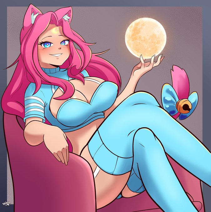 2022 bell bell_collar big_breasts blue_clothing blue_eyes breasts cat_girl cat_tail cleavage cleavage_cutout crossed_legs deus_vulv digital_drawing_(artwork) digital_media_(artwork) female female_only humanoid long_hair looking_at_viewer moon mooni_(missmoonified) pink_ears pink_hair pink_tail posing seductive seductive_eyes seductive_smile sitting smiling stockings tailed_beast