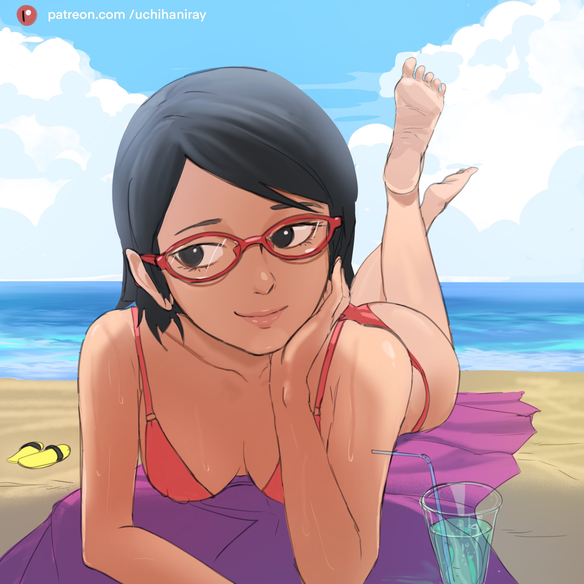 1girls, ass, barefoot, beach, bikini, bikini bottom, bikini top, black eyes, black hair, boruto: naruto next generations, breasts, close-up, erect nipples, erect nipples under clothes, feet, feet up, female, foot fetish, glasses, legs up, light skin, light-skinned female, lips, lipstick, looking away, looking to the side, makeup, naruto, naruto (series), nipple bulge, nipples, ocean, on front, on stomach, outdoors, outside, perky breasts, pink bikini, pink lips, pink lipstick, pink panties, pink swimsuit, sarada uchiha, short hair, shounen jump, small breasts, smile, smiling, soles, sweat, sweatdrop, sweating, swimsuit, toes, uchihaniray