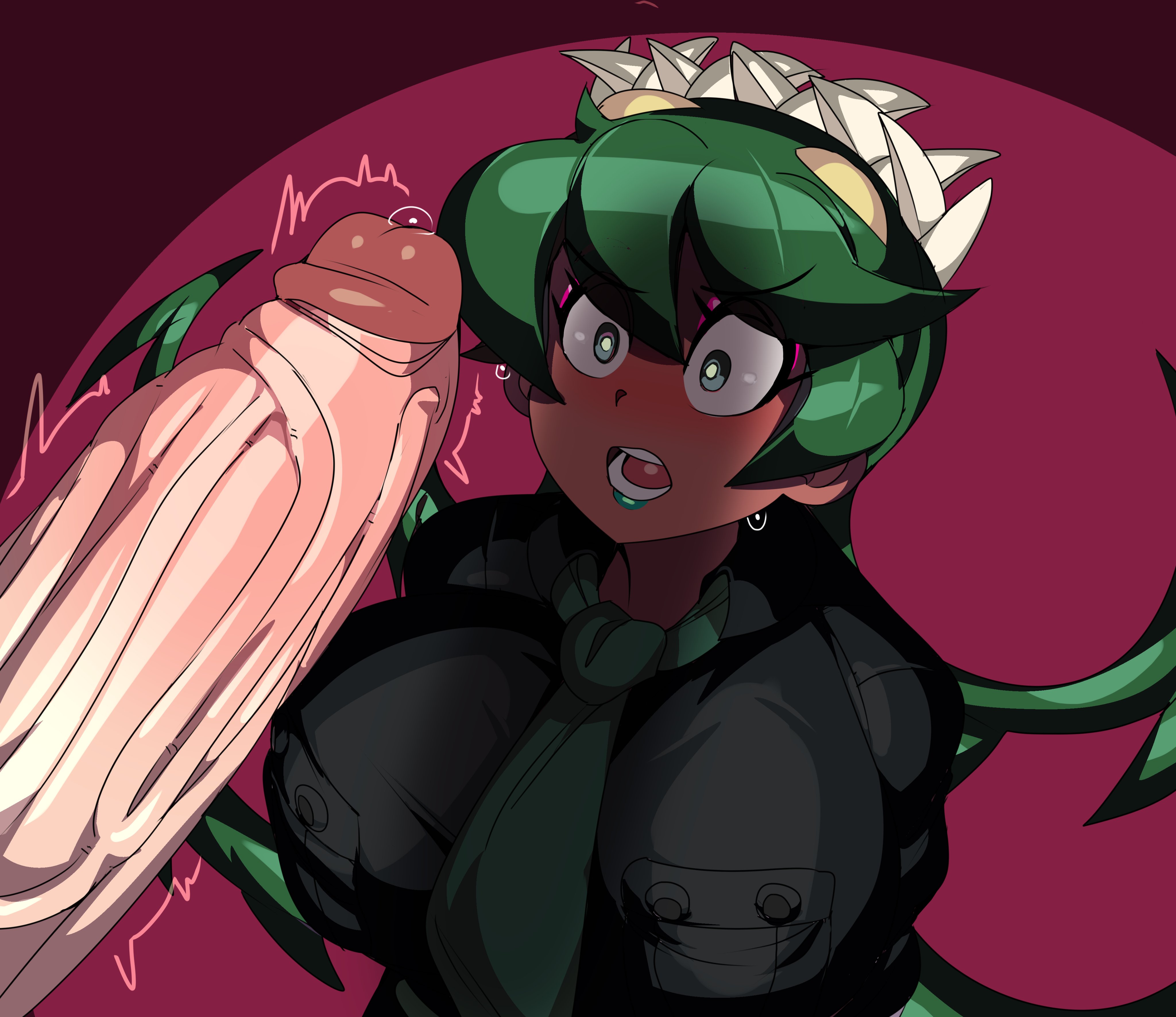 1boy, 1girls, big breasts, big penis, breasts, captain kirb, chocolate, chocolate and vanilla, clothed female nude male, clothing, dark skin, dark-skinned female, faceless male, female, fukua (skullgirls), green eyes, green hair, interracial, interracial sex, light skin, light-skinned male, lipstick, looking at penis, male, necktie, nude, nude male, penis, penis awe, race mix, shirt, shocked, shocked expression, skullgirls, uncensored, vanilla