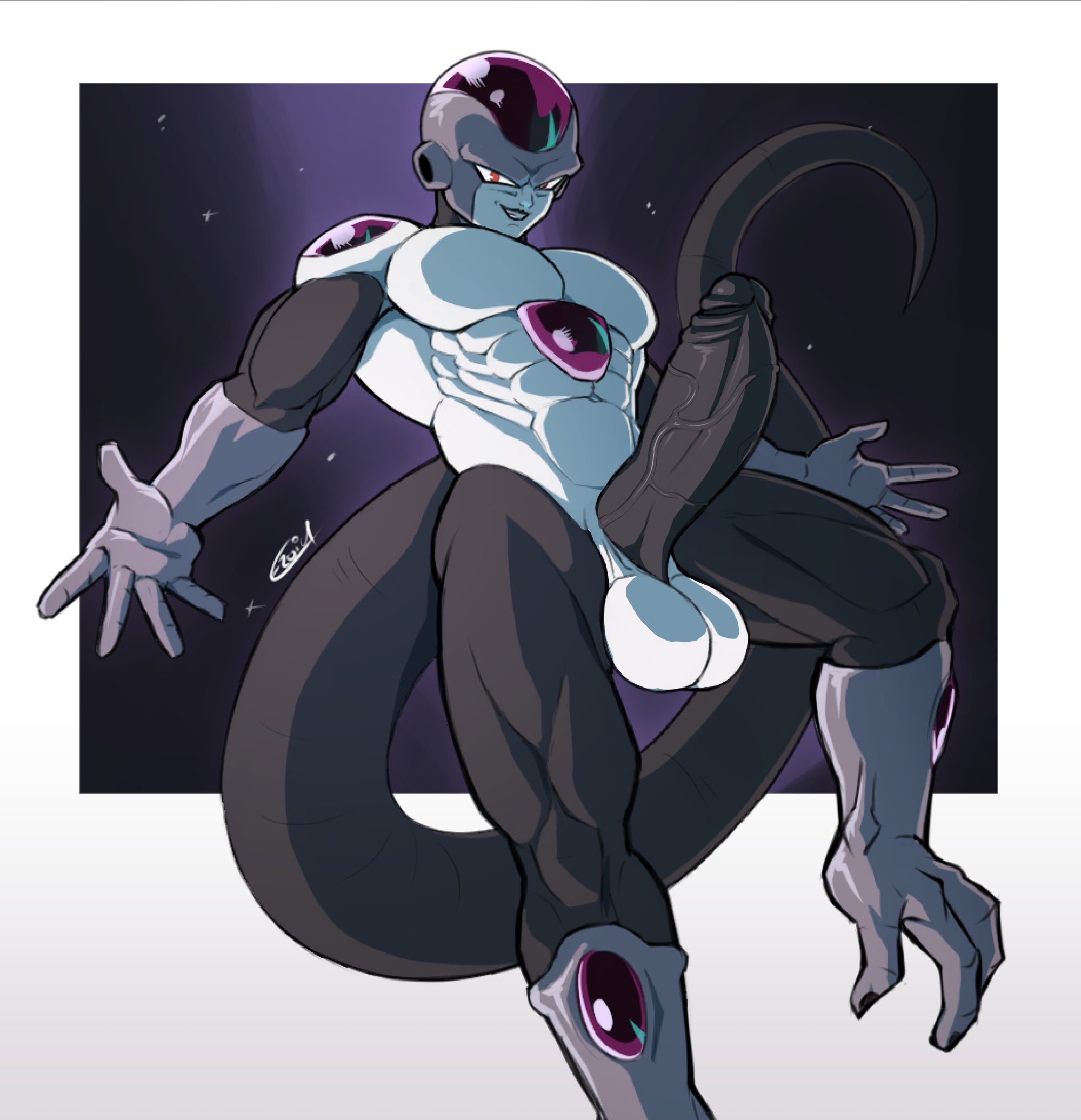 balls, ballsack, black body, black penis, dark skin, dark-skinned male, dragon ball, dragon ball super, dragon ball z, e-zoid, frieza, huge cock, large penis, male, male only, muscular, muscular male, penis, red eyes, solo male, white body, white skin