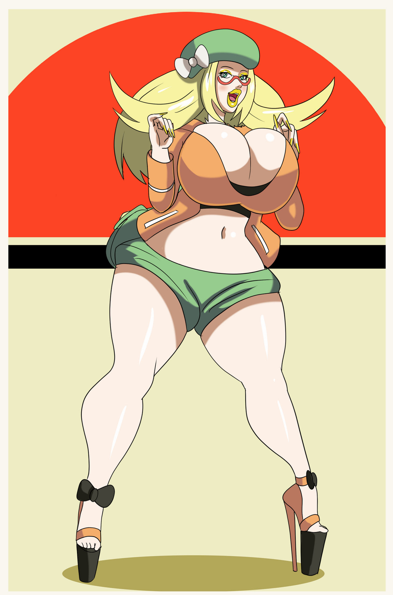 alternate body type, alternate breast size, annon, bag, bianca (pokemon), bimbo, bimbofied, blonde hair, breasts, eyeshadow, female, glasses, happy, hat, high heels, huge breasts, lipstick, long nails, makeup, nail polish, pokemon, pokemon bw, smile, thick lips, yellow eyeshadow, yellow lipstick, yellow makeup, yellow nails