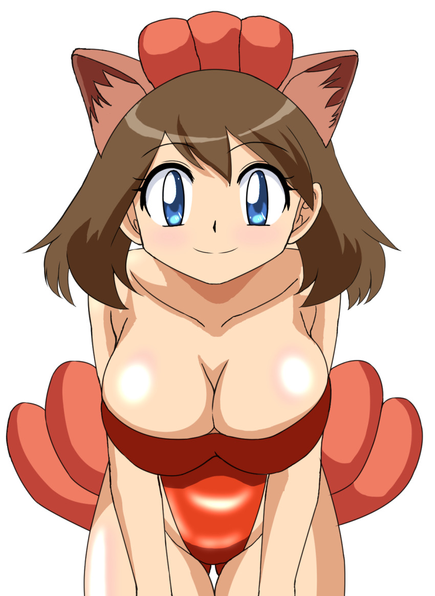 big_breasts blue_eyes breasts brown_hair cosplay fake_animal_ears human jpeg leotard looking_at_viewer may_(pokemon) nintendo pokemon pokemon_(cosplay) slight_blush solo solo_female su_retro_space vulpix_(cosplay) white_background