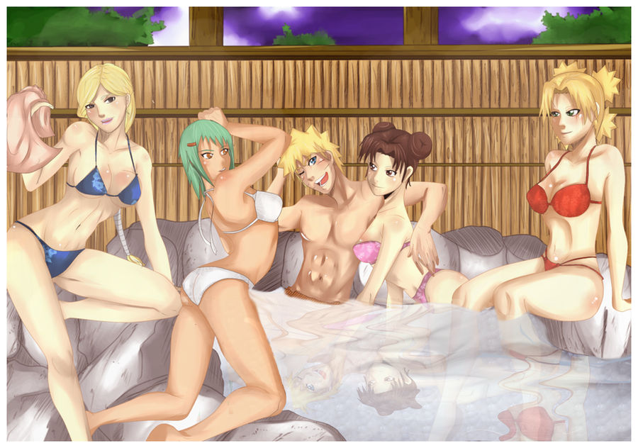 1boy, 4girls, abs, bathing, bathing together, bikini, blonde female, blonde hair, blush, breasts, brown hair, female, fuu (naruto), green hair, harem, hot spring, long hair, male, mixed bathing, multiple females, multiple girls, nammylank, naruto, naruto (series), naruto shippuden, navel, nii yugito, onsen, relaxing, shared bathing, short hair, strapless bikini, swimsuit, swimwear, temari, tenten, uzumaki naruto, wooden fence