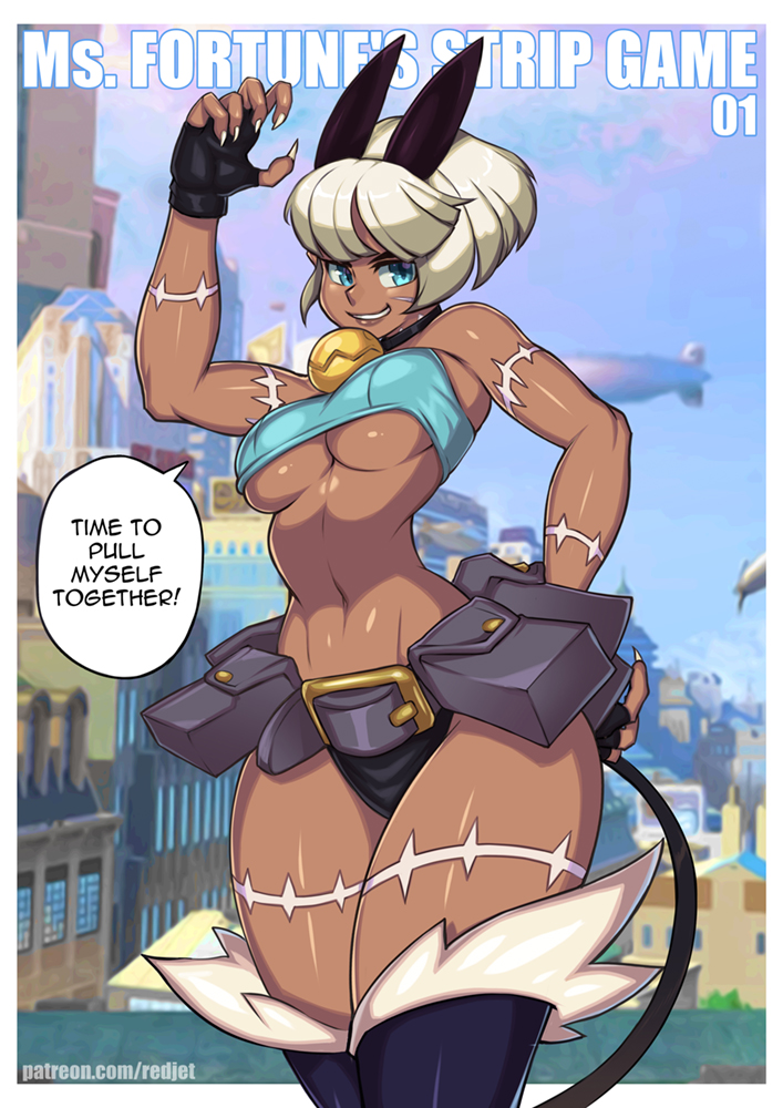 1girls, animal ears, blue eyes, breasts, cat ears, cat tail, dialogue, english text, female, female focus, female only, fingerless gloves, gloves, nadia fortune, part 1, redjet, scars, short hair, skullgirls, solo, speech bubble, standing, strip game, text, thighs, underboob