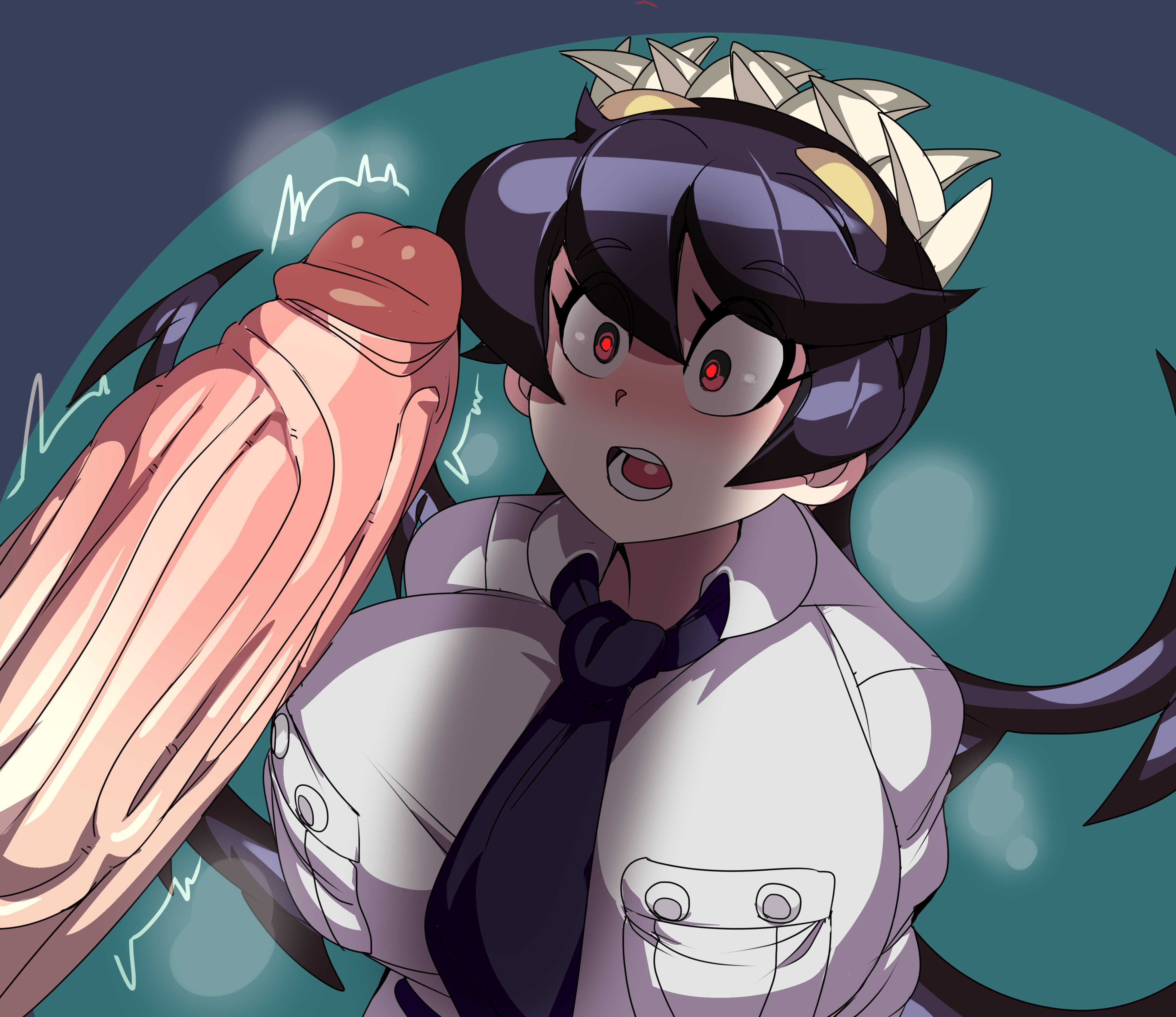 1boy, 1girls, big breasts, big penis, black hair, breasts, captain kirb, clothed female nude male, clothing, faceless male, female, filia (skullgirls), light skin, light-skinned female, looking at penis, male, necktie, nude, nude male, penis, penis awe, red eyes, samson (skullgirls), shirt, shocked, shocked expression, skullgirls, uncensored