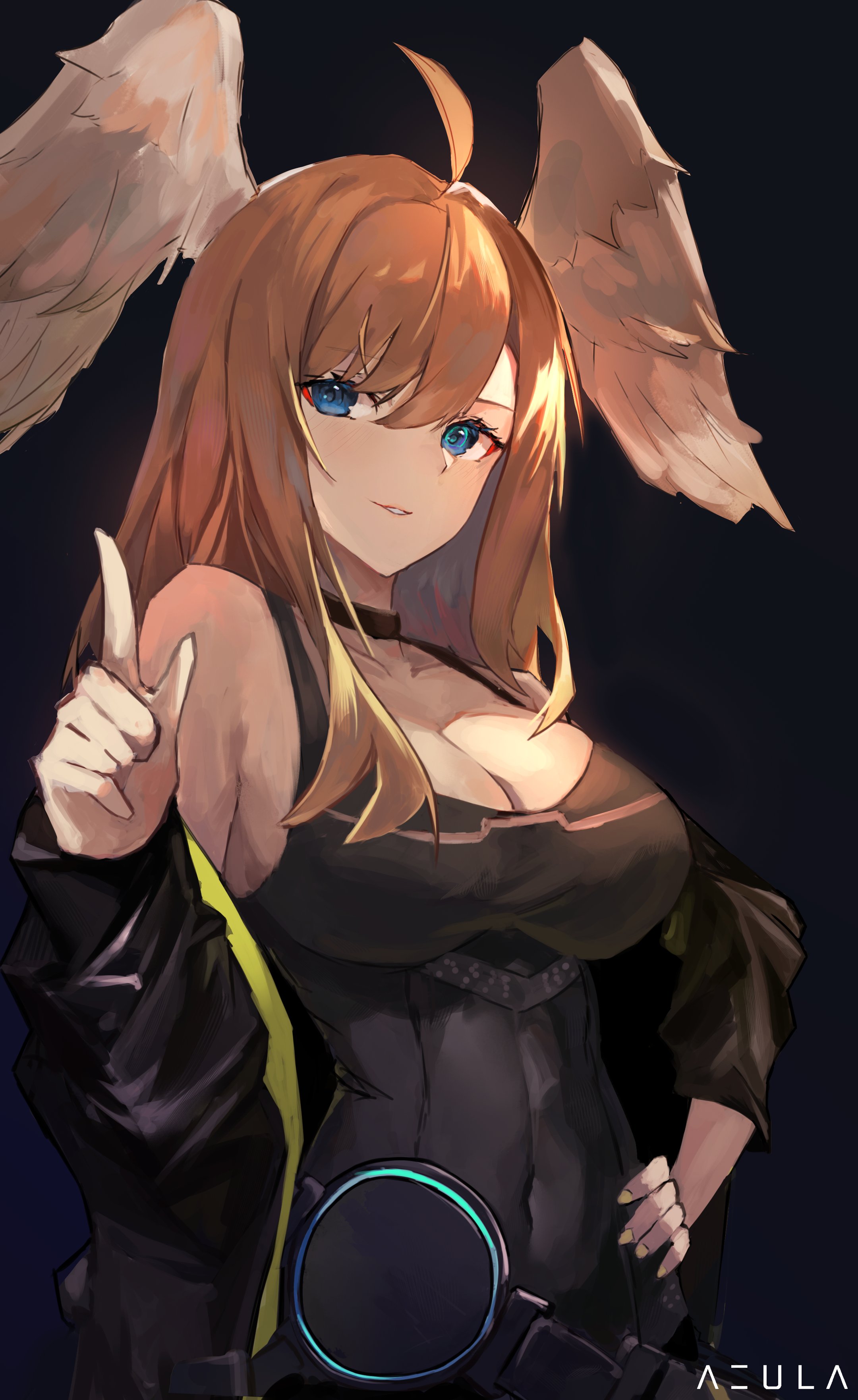 1girls, big breasts, black bodysuit, blue eyes, bodysuit, breasts, brown hair, busty, choker, cleavage, confident, covered navel, eunie (xenoblade), female, female only, green shirt, hand on hip, index finger raised, large breasts, long hair, smile, smug, tank top, wings, xenoblade (series), xenoblade chronicles 3