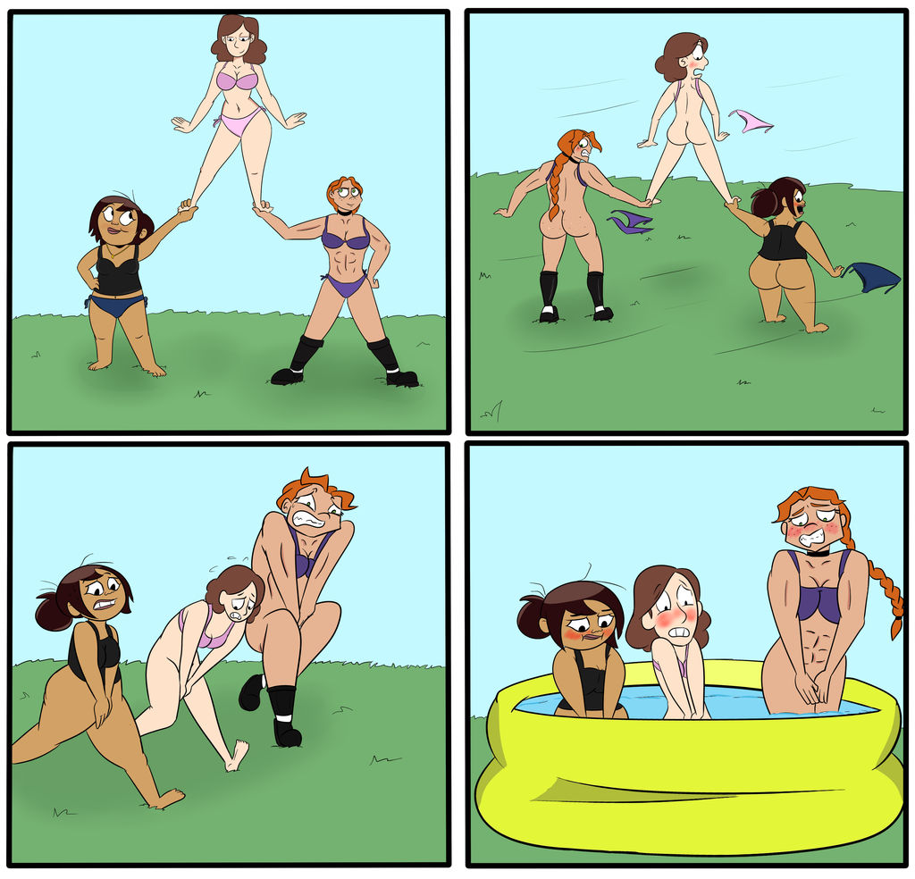 3girls abs accidental_exposure ass barefoot bbw big_ass bikini bikini_bottom_removed boots bottomless bottomless_female braided_hair braided_ponytail brown_hair bubble_butt comic covering_crotch crossover ed_edd_n_eddy_reference embarrassed_nude_female enf female female_only hilda_(series) johanna_(hilda) lev0on long_hair metal_family milf milfs multiple_girls muscular_female navel parody pink_bikini pool pop_goes pop_goes_the_ed purple_bikini red_hair sharon_mcgee short_hair tan_body tankini the_ghost_and_molly_mcgee victoria_(metal_family) wardrobe_malfunction water