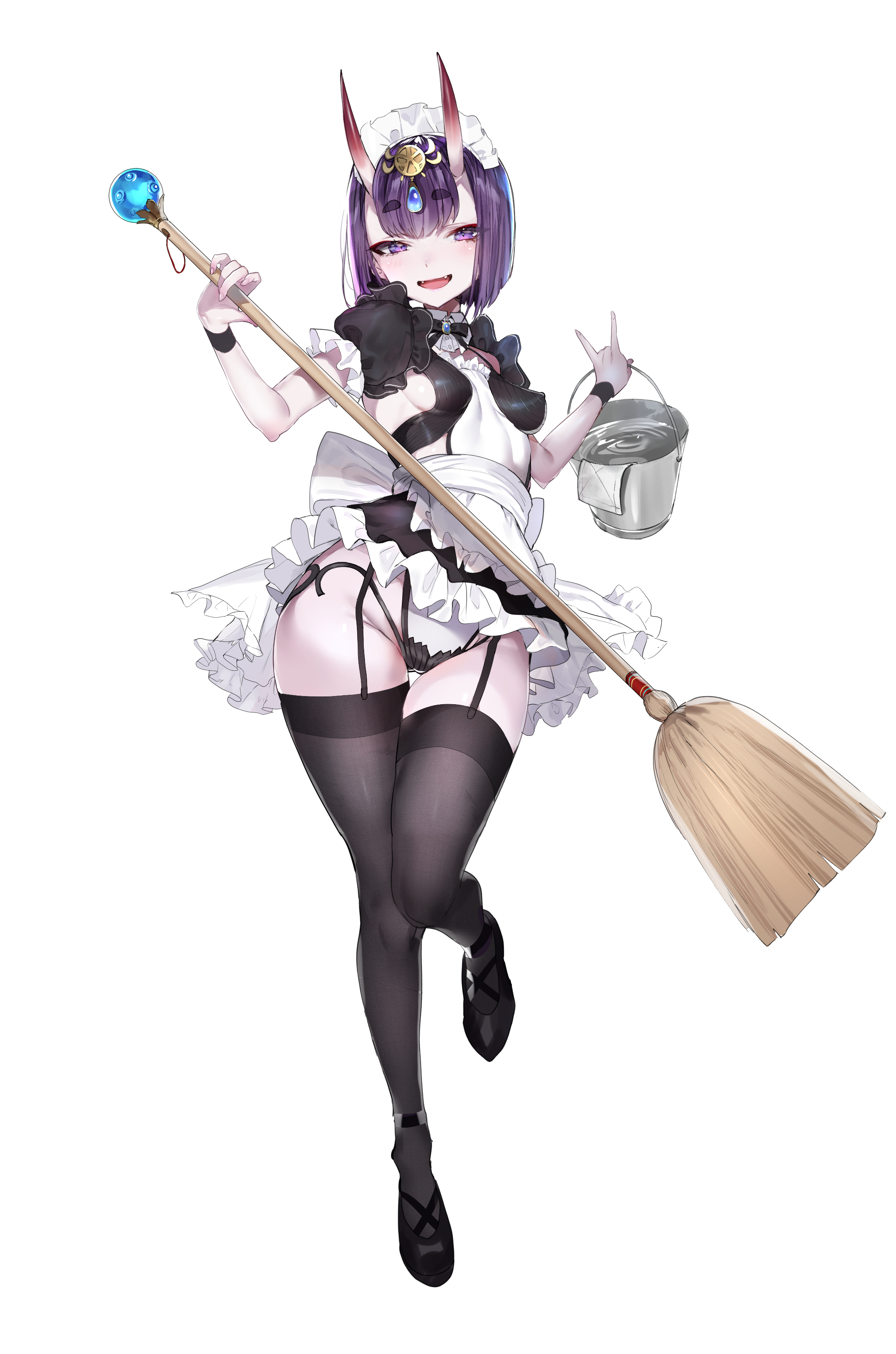 absurdres, alternate costume, apron, bangs, black footwear, black thighhighs, blush, bob cut, breasts, broom, dress, fangs, fate (series), fate/grand order, female, frills, full body, headpiece, highres, horns, lips, looking at viewer, maid, maid apron, maid headdress, nekometaru, oni, oni horns, open mouth, purple eyes, purple hair, revealing clothes, short eyebrows, short hair, short sleeves, shuten douji (fate), simple background, skin-covered horns, skirt, small breasts, smile, solo, thighhighs, waist apron, white background, wrist cuffs