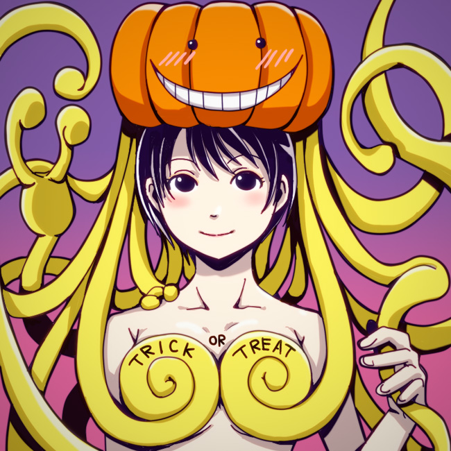 1girls artist_request assassination_classroom blush covered_breasts female koro-sensei pumpkin tagme yukimura_aguri