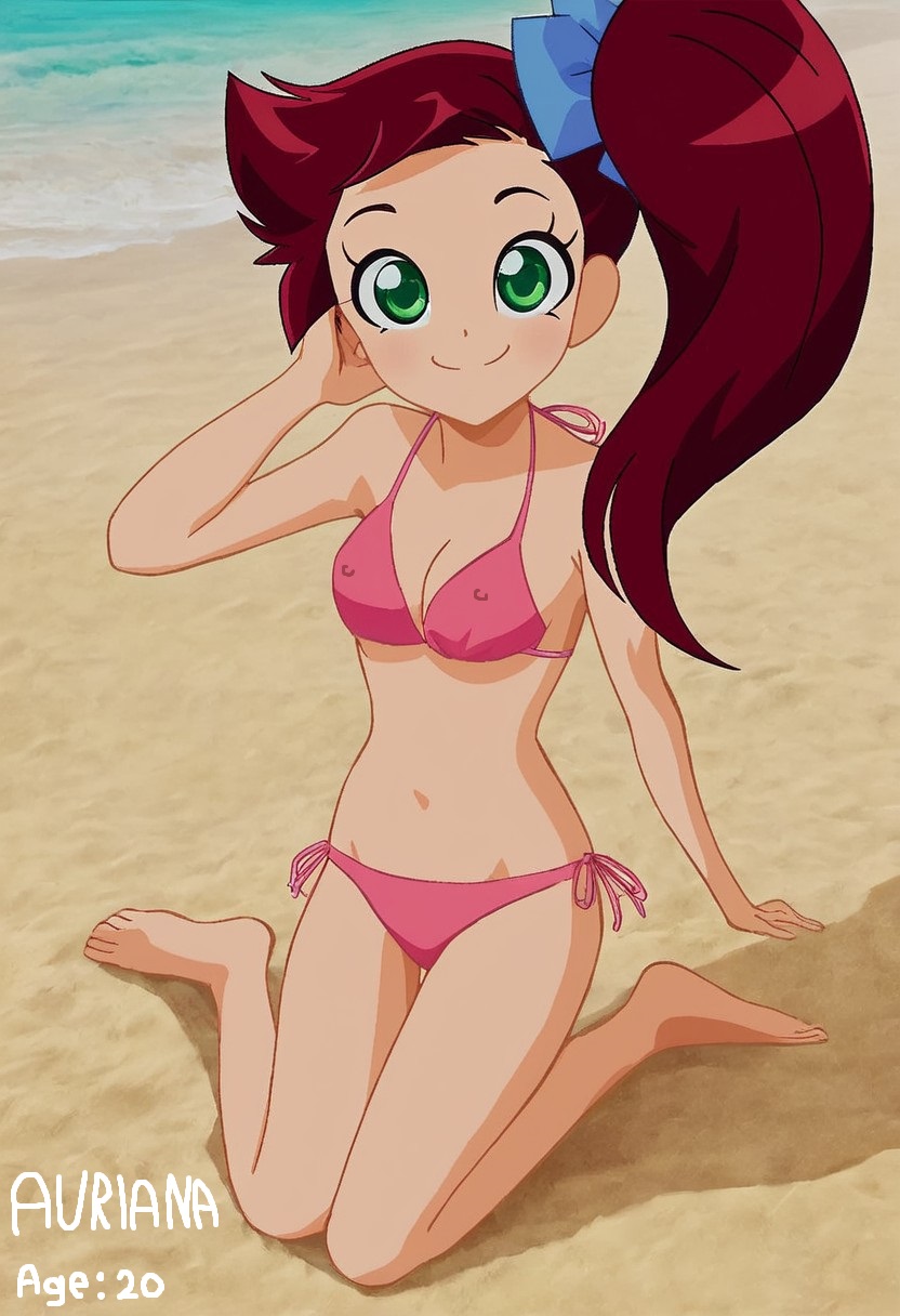 aged_up ai_generated auriana beach bikini bra feet female green_eyes lolirock looking_at_viewer nipples_visible_through_bikini panties perfect_body pink_bikini red_hair sea side_ponytail sitting visible_nipples young_adult