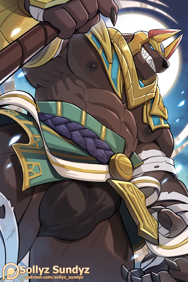 2:3 abs anthro anubian_jackal areola balls_outline biped bulge canid canine canis clothed clothing detailed_bulge genital_outline jackal league_of_legends looking_at_viewer male male_anthro mammal muscular muscular_anthro muscular_male nasus nipples pecs riot_games smile sollyz solo tencent