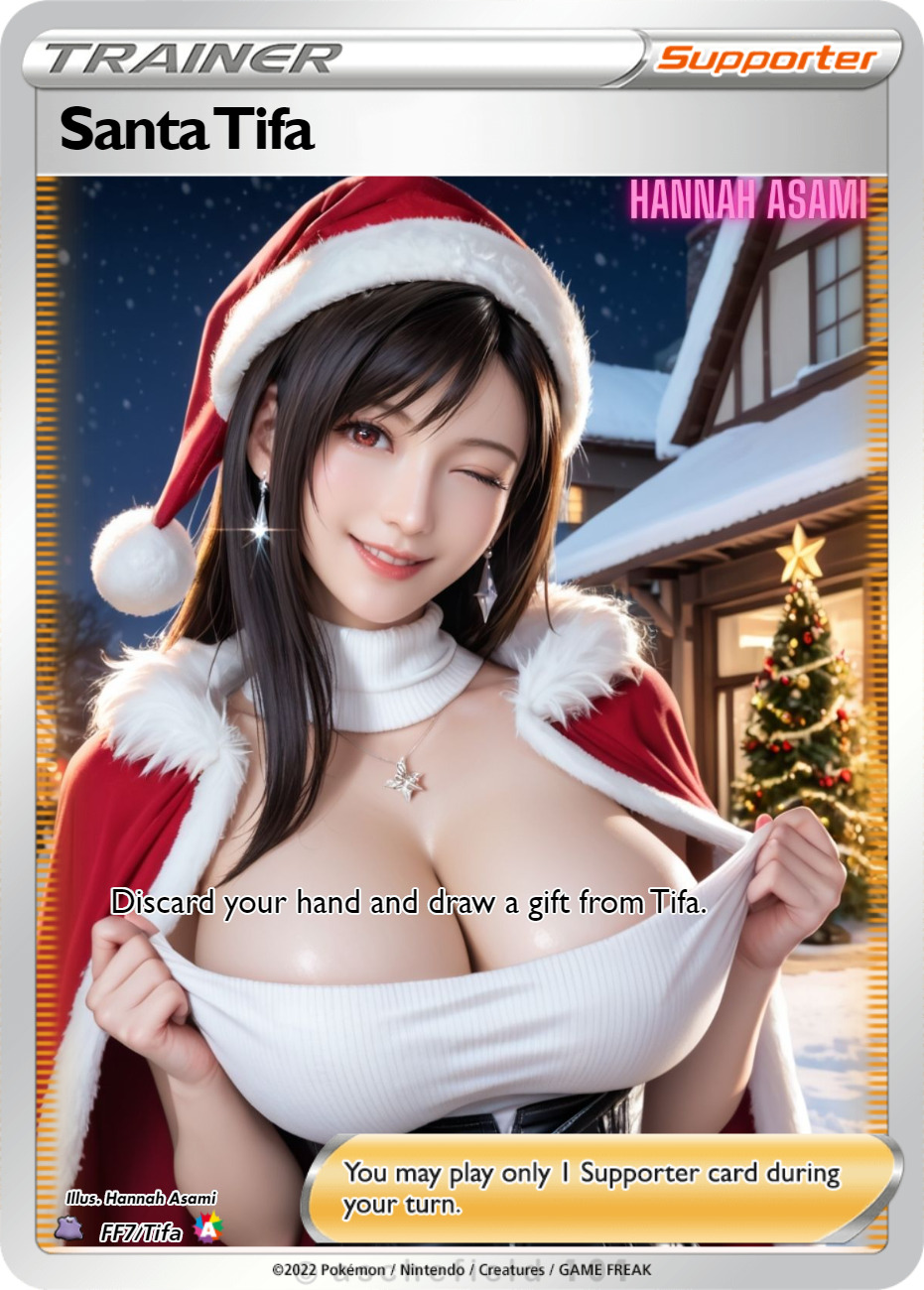 ai_generated breasts christmas christmas_tree cleavage crossover final_fantasy final_fantasy_vii gigantic_breasts hannah_asami-(artist) huge_breasts pokemon pokemon_card pokemon_card_edit pokemon_tcg pokemon_tcg_pocket pulled_by_self pulling_clothing realistic santa_costume santa_tifa smile tank_top tifa_lockhart tifa_lockhart_(cosplay) wink winking_at_viewer