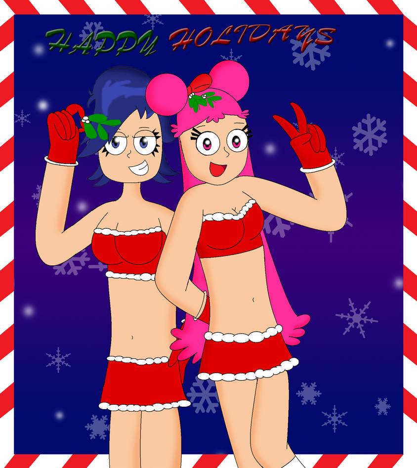 2girls ami ami_onuki cartoon_network christmas hi_hi_puffy_amiyumi imminent_sex looking_at_viewer mistletoe partially_clothed smile teasing yumi yumi_yoshimura