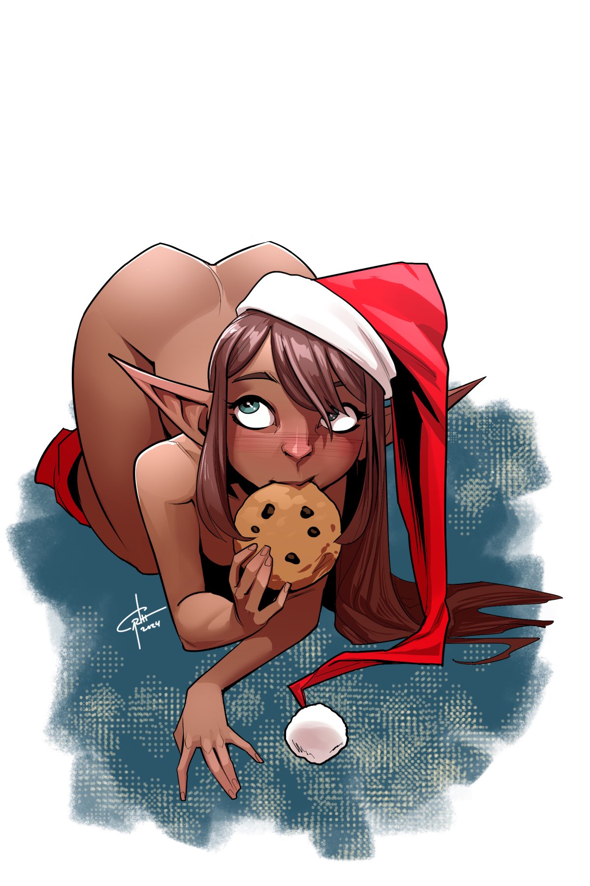 1girls ass_up cookie dark-skinned_female dark_skin eating_cookie elf elf_ears elf_female elf_hat garthft santa_hat solo solo_female solo_focus