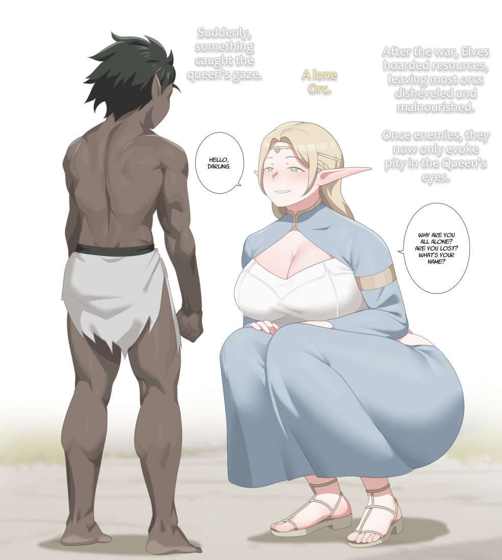 [sora]_buranku dark-skinned_male dark_skin elf elf_ears elf_female elf_girl elf_male elf_queen_(soraoraora) kneeling motherly motherly_figure orc orc_male orphan ozen_(soraoraora) queen soraoraora talking