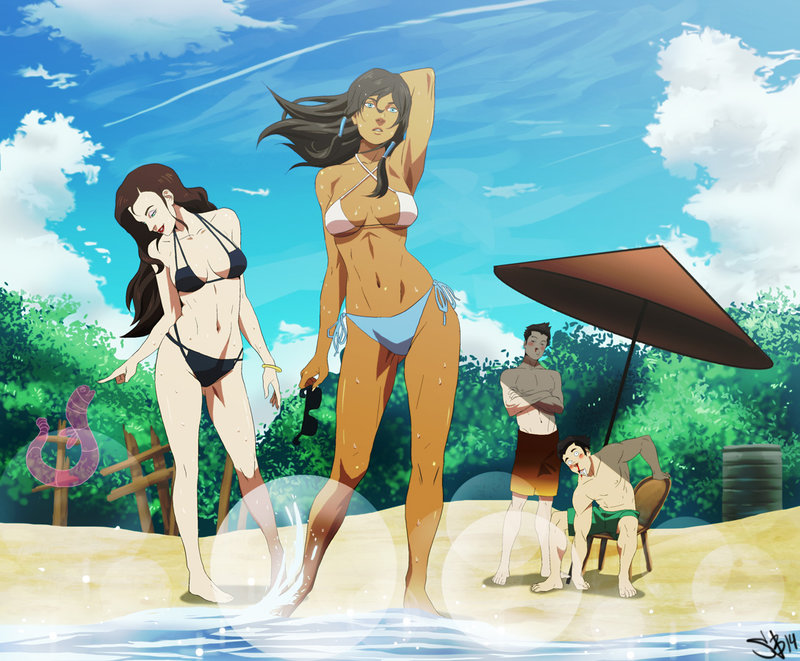 2boys, 2girls, asami sato, avatar legends, beach, bikini, bolin, breasts, canon couple, chocolate and vanilla, dark skin, dark-skinned female, female, human, korra, lens flare, light skin, light-skinned female, mako, male, medium breasts, nosebleed, ojos-aka, smooth skin, swimsuit, the avatar, the legend of korra, water, water tribe