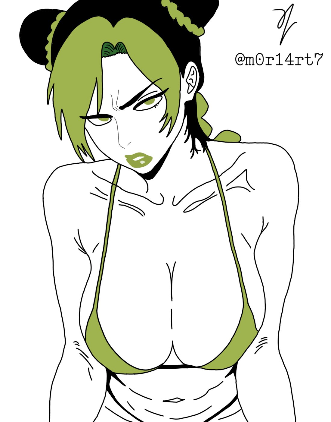 1girls, annoyed expression, artist signature, bikini, disgusted, dyed hair, female, green lipstick, jojo's bizarre adventure, jolyne kujo, lipstick, m0r14rt7, minimalist, shounen jump, simple background, simple coloring, solo, stone ocean