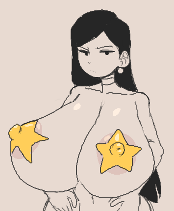 asian_female big_breasts black_hair earrings lam_(lewdsicrousart) lewdicrousart long_hair no_background star-shaped_pasties yellow_pasties