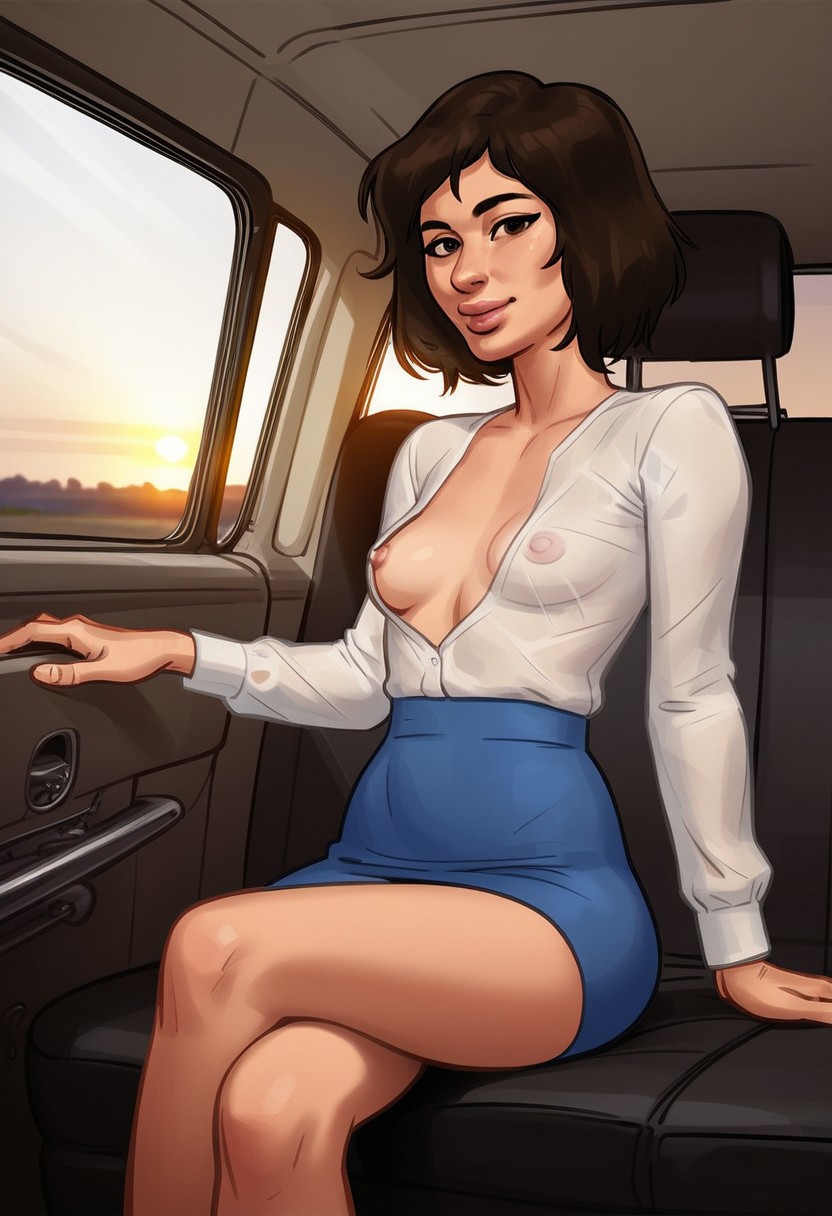 1girls 2d 2d_(artwork) ai_generated areolae beautyash breasts brown_hair brown_hair car car_interior civitai cleavage clothed clothing crossed_legs digital_drawing_(artwork) digital_media_(artwork) female female_focus female_only josephine_(summertime_saga) legs_crossed light-skinned_female light_skin medium_breasts nipples no_bra no_panties no_underwear see-through see-through_shirt see-through_top see_through shirt sitting skirt small_breasts solo solo_focus summertime_saga teenage_girl teenager