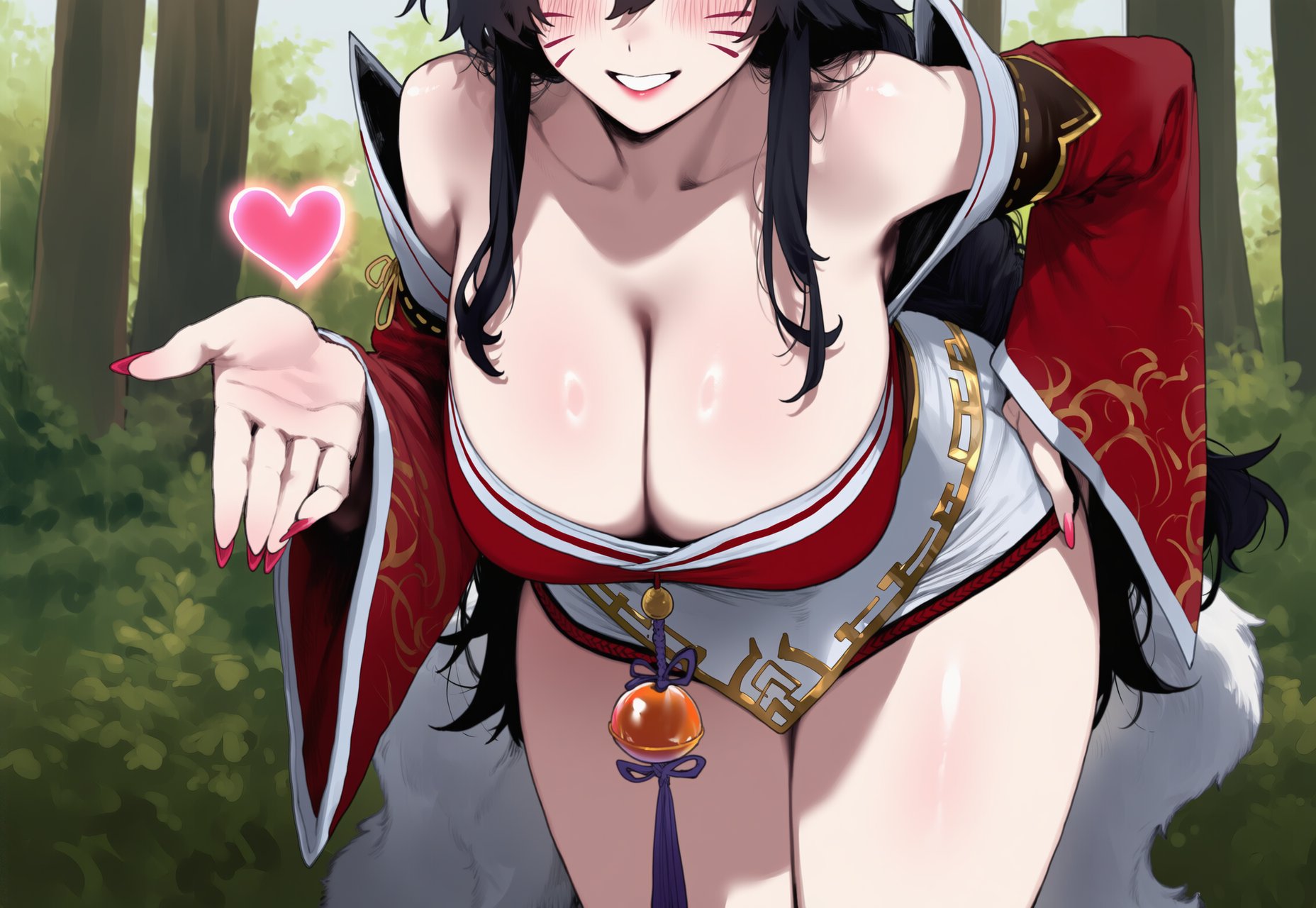 1girls, ahri, ai generated, bare shoulders, bent over, black hair, breasts, cleavage, closed eyes, female, fingernails, fox tail, hand on hip, hanging breasts, league of legends, leaning forward, long hair, multi tail, nail polish, red nails, smile, solo, tail, truck kun, truck-kun art