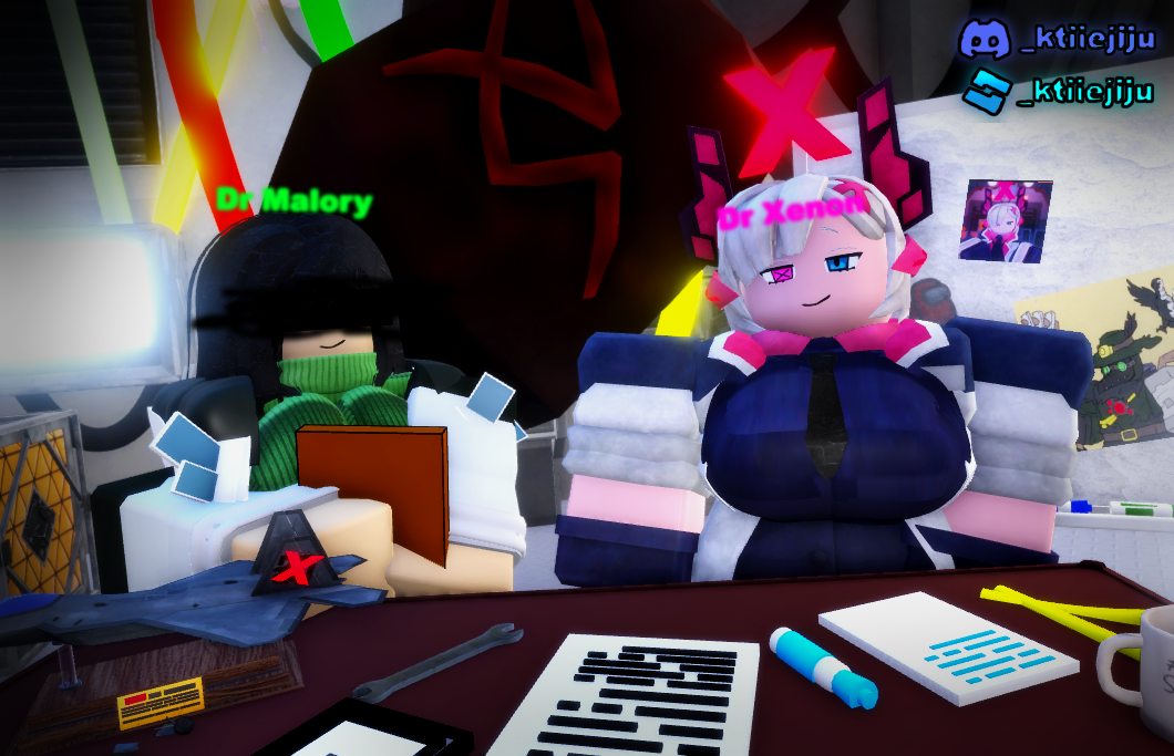 2girls big_breasts black_hair breasts censor_bar dr._malory dr._xenon dr_malory eyes females_only green_clothing ktiiejiju_(artist) roblox roblox_game robloxian scientist tower_defense_x white_hair