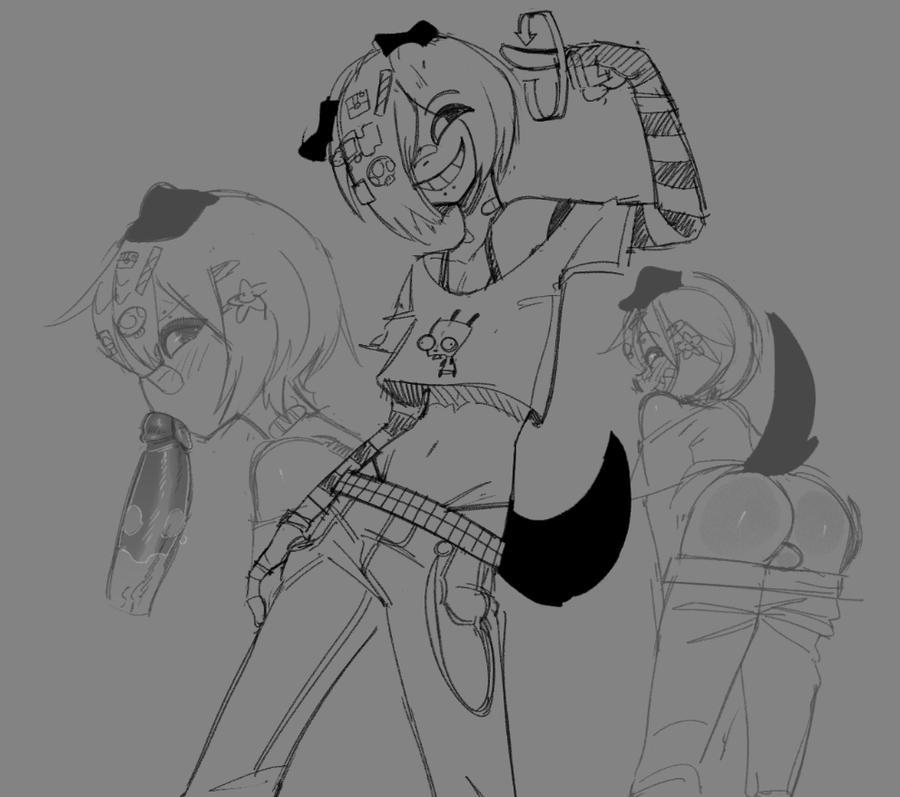 balls bandaid_on_neck bandaid_on_nose bangs_over_one_eye belly_button_piercing belt_chain black_ears black_gloves black_jeans black_nails black_tail blowjob blush crop_top crossdressing eyebrow_piercing face_piercings femboy gay gem_necklace gentlegenome_(artist) gir_hoodie hair_clips mascara necklace pierced_tongue salem_(dvampiresmile) scene_(fashion) scenecore short_hair simplistic stickers_on_body striped_sleeves studded_belt twink