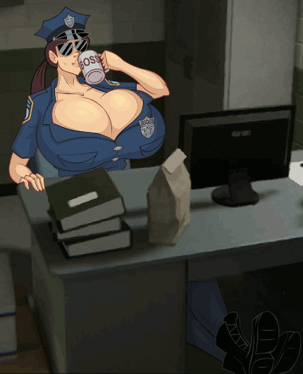 1girls, animated, artist request, breasts, brown hair, cleavage, female, gigantic breasts, jasmine juggs, meet 'n' fuck games, police, policewoman, sitting, tagme